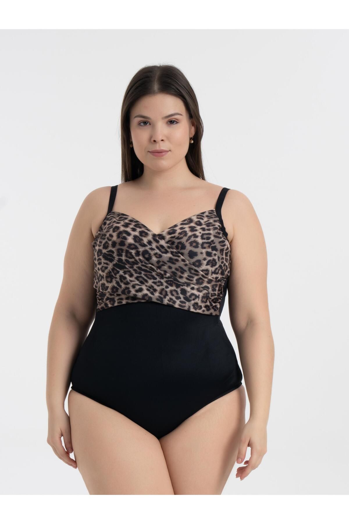 AQUAVİVA-Aquaviva Women's Plus Size Black Leopard Pattern Brunella Underwire Support Swimsuit 1