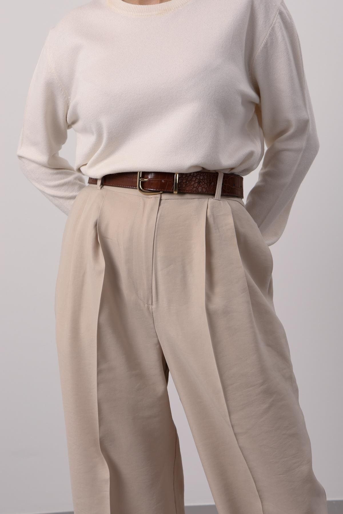 FACETTE-Pantaloni Palazzo de damă, bej, cu talie înaltă 5