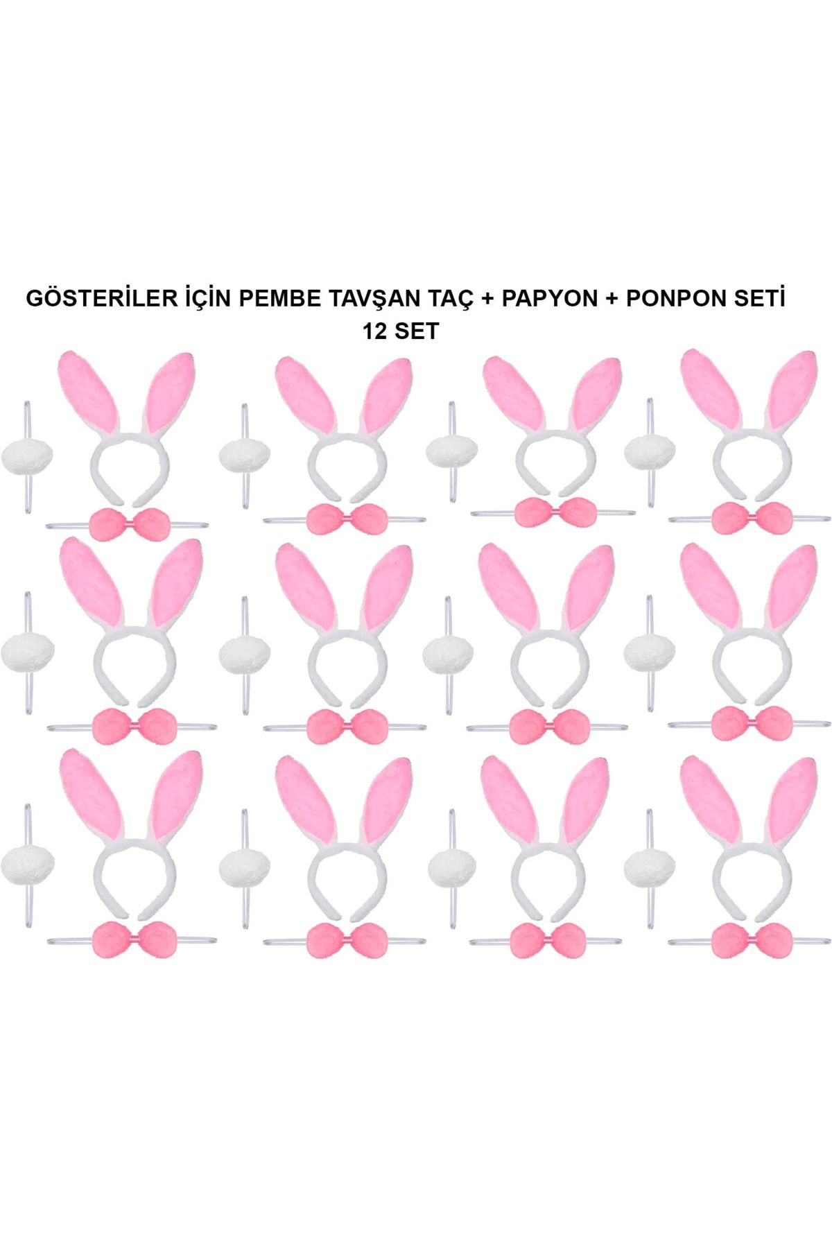 Narnuga Pembe Tavşan Kostüm Seti – Taç Papyon Ponpon (12’li Paket) - MCT2921-4648