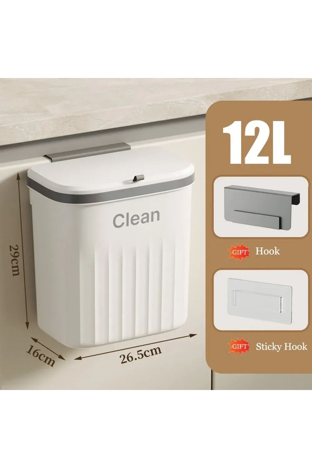 Choice-12L White with Lid 12L Kitchen Trash Can Wall Mounted Hanging Trash Bin with Lid Garbage Can for Cab 1