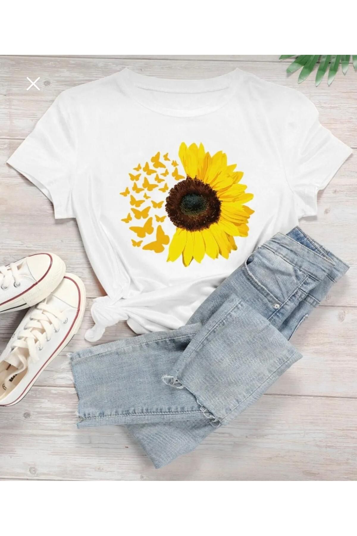 Elvino Bisiklet Yaka Ay Çiçeği Baskılı Oversize Beyaz-siyah Tshirt