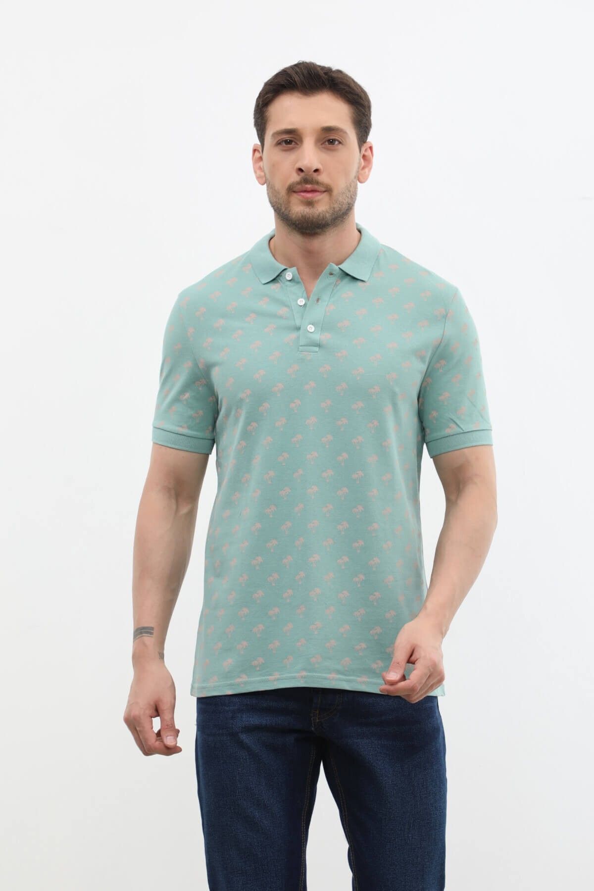 MARKAPIA-Men's Tree Patterned Polo Collar Cotton T-Shirt 3