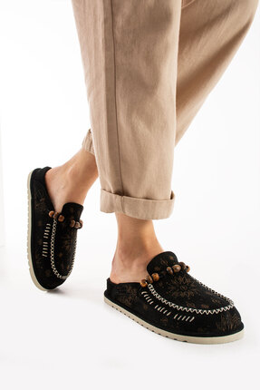 walviss Rustica Kadın Hakiki Deri Bağcıksız Düz Taban Klasik Siyah Terlik