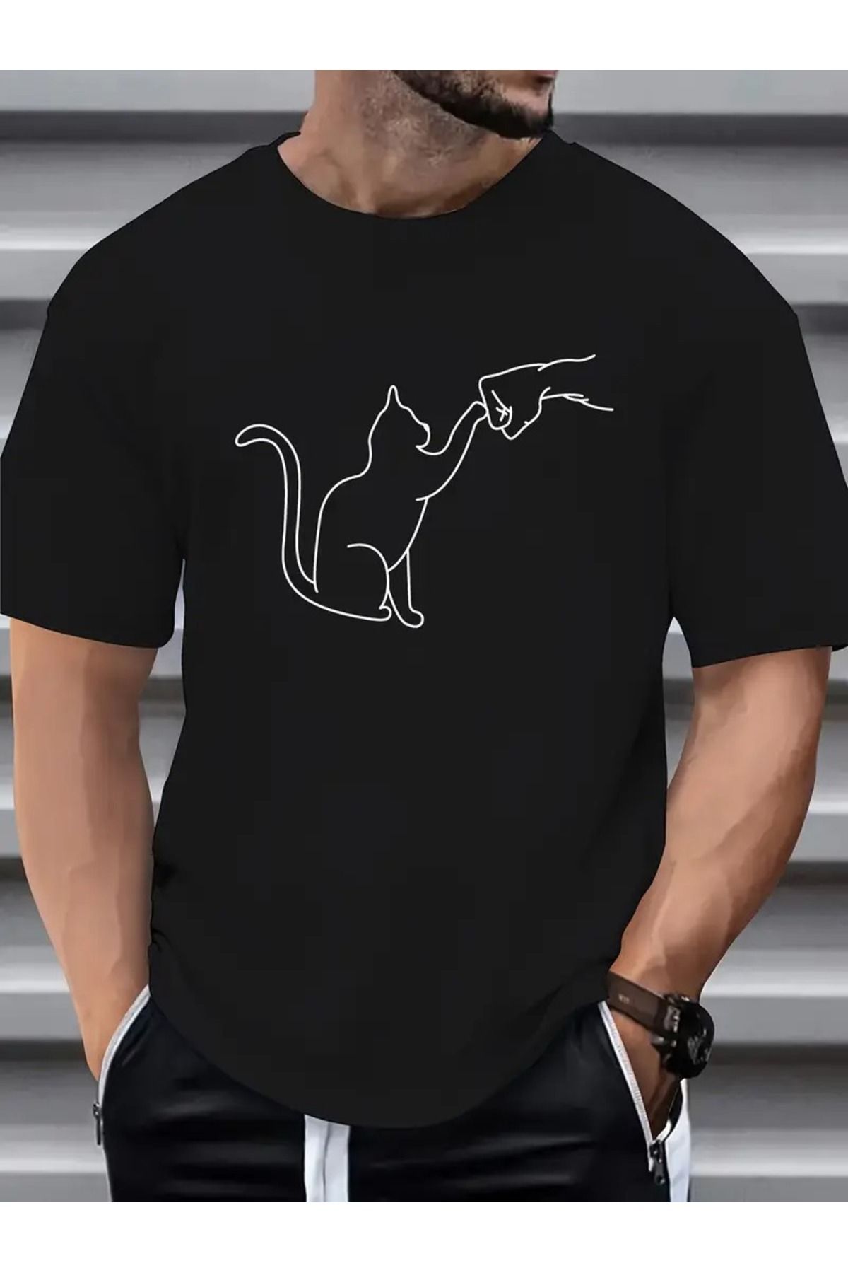 JoneBase Unisex Kedi Dost Yumruk Baskılı Oversize  %100 Pamuk T-shirt