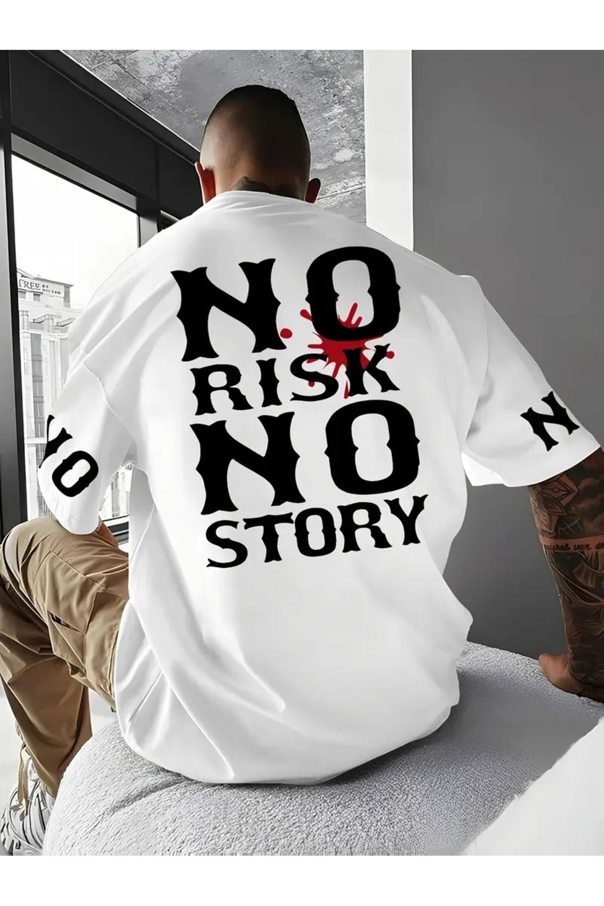 JoneBase Unisex No Risk No Story Baskılı Oversize  %100 Pamuk T-shirt