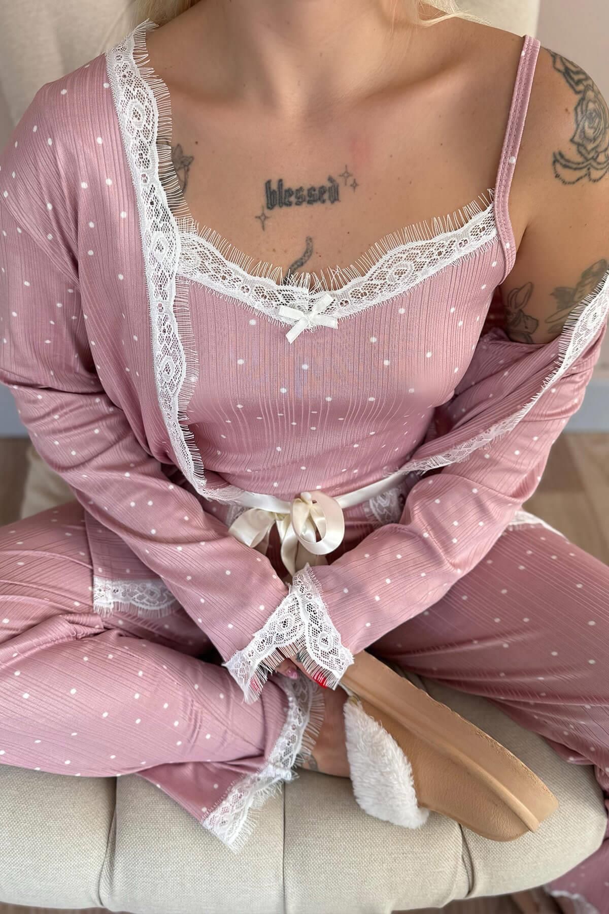 Pijamaevi-Pink Point Patterned Pegasus Pajama Set with Dressing Gown 4