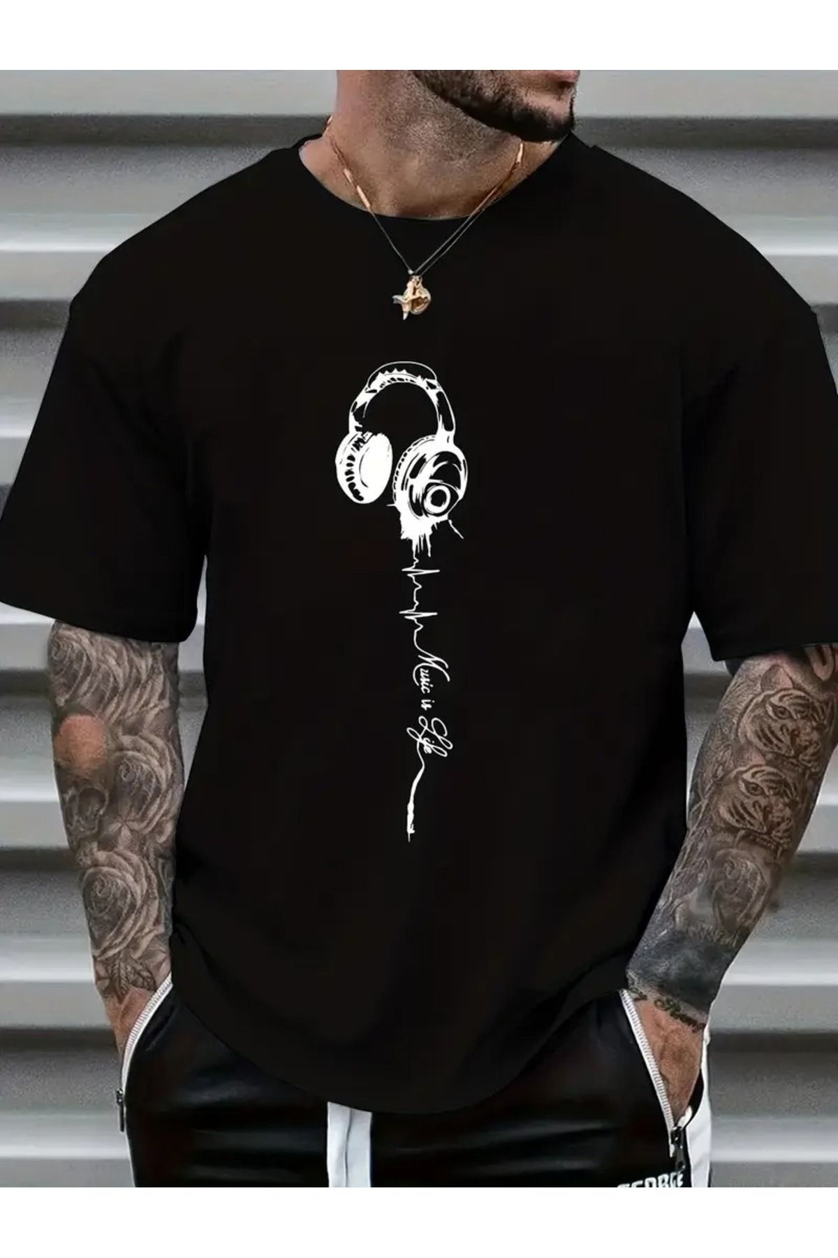 JoneBase Unisex Music is Life Kulaklık Baskılı Oversize  %100 Pamuk T-shirt