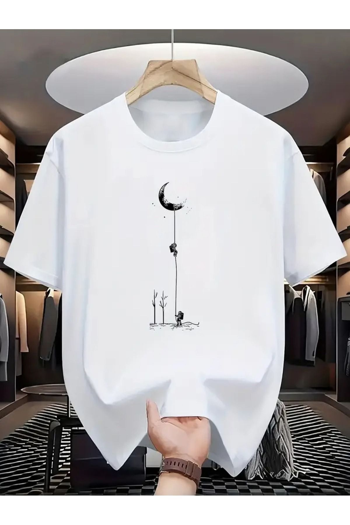JoneBase Unisex Yarım Ay Astronot Baskılı Oversize  %100 Pamuk T-shirt
