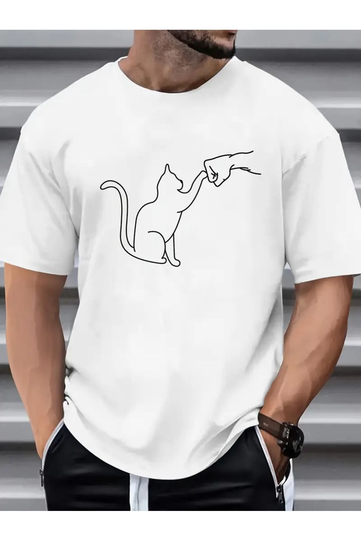 JoneBase Unisex Kedi Dost Yumruk Baskılı Oversize  %100 Pamuk T-shirt