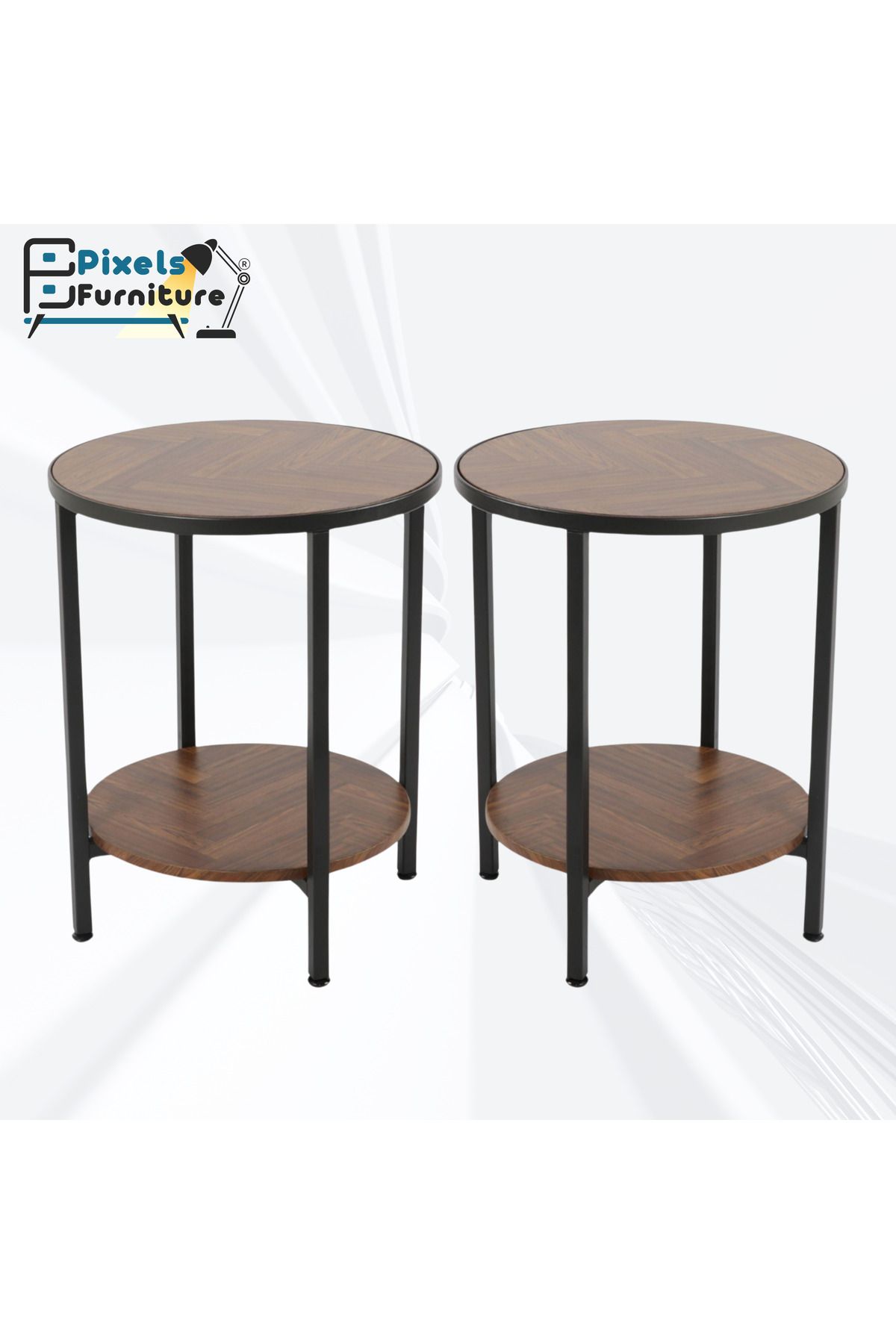 PixelsFurniture-Set of 2 Round Side Tables 2 Tiers by Pixel Furniture for Coffee with Wood Top, Bottom Shelf and Metal Ends 1