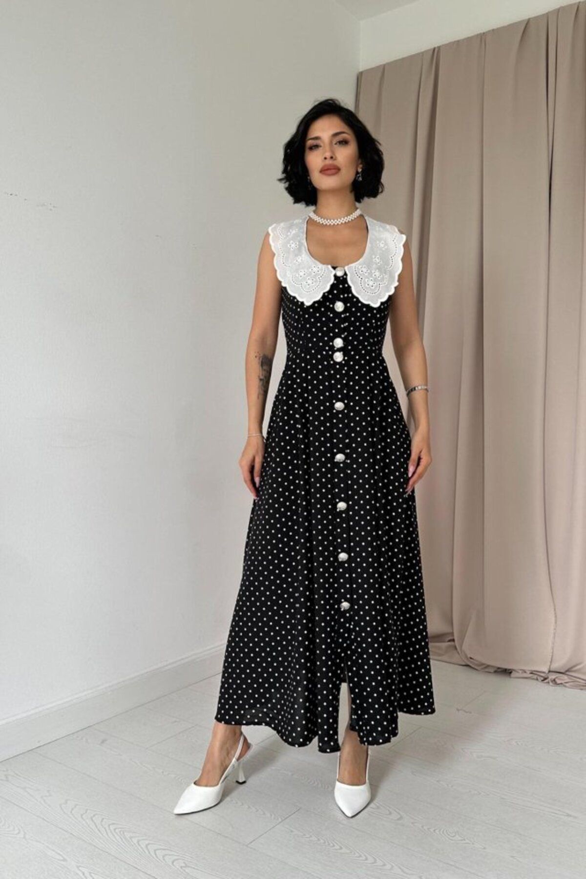 velmorafashion Siyah Puantiyeli Bebe Yaka Elbise