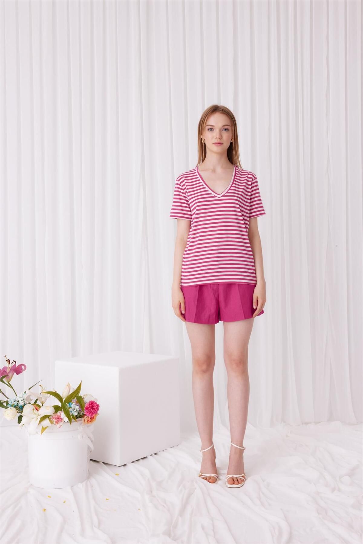 TUBİA-Women's Fuchsia Color Striped Short Sleeve T-Shirt 4