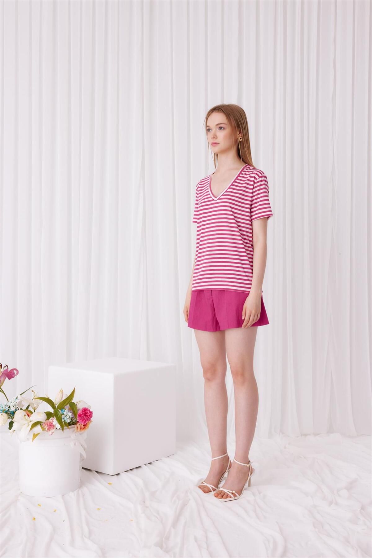 TUBİA-Women's Fuchsia Color Striped Short Sleeve T-Shirt 5