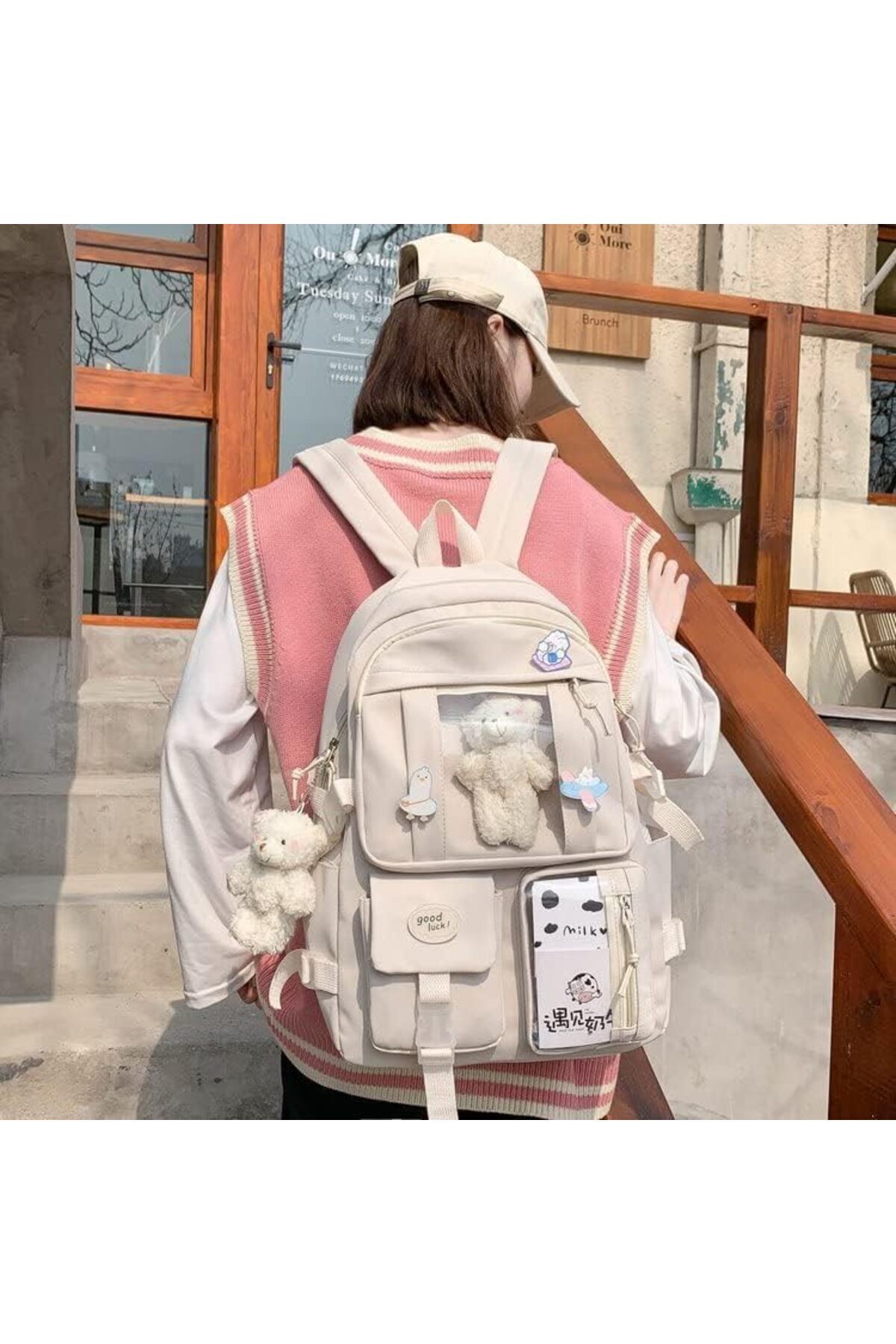 COOYA-School Shoulde Backpack with Cute Plush Pendant, Aesthetic Cute Waterproof, for Children's(White) 4