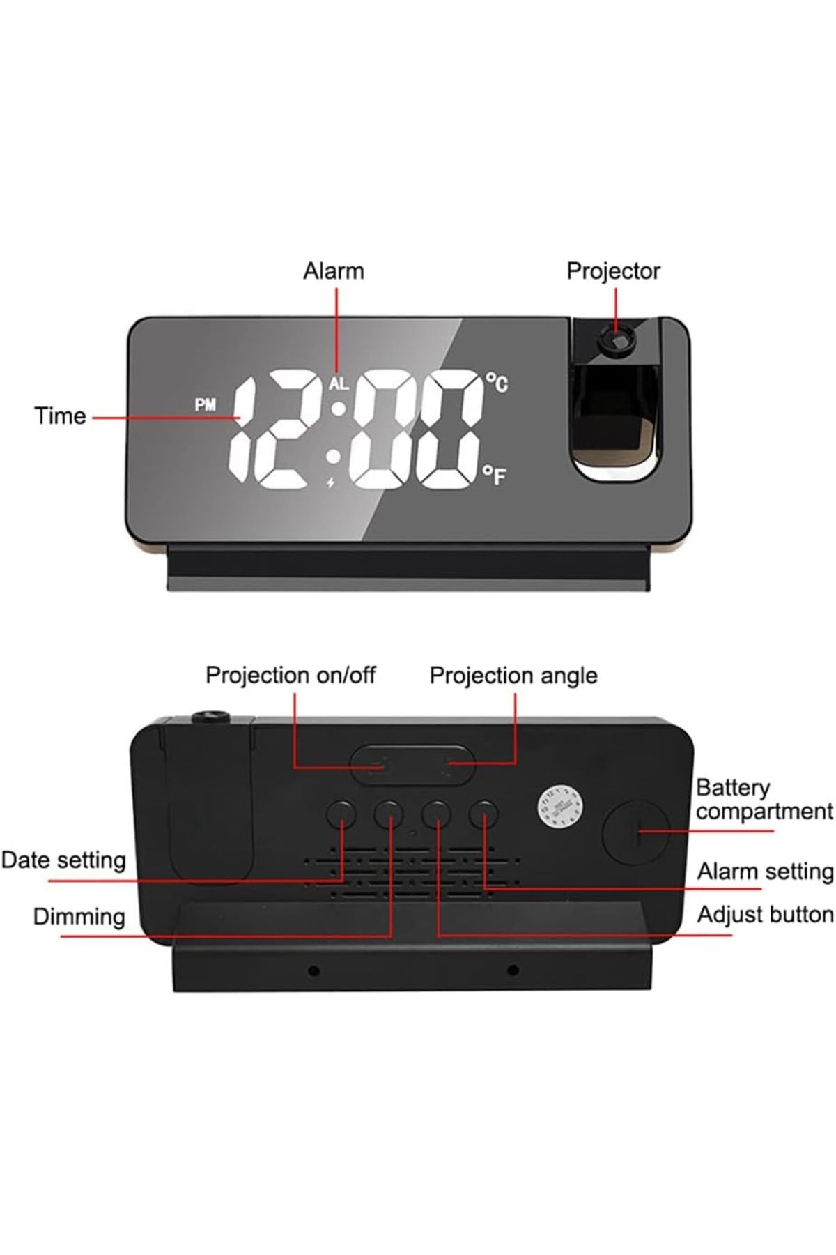 COOYA-LED Digital Projection Alarm Clock with Temperature Display Snooze, Mute USB Luminous Desktop Clock 7