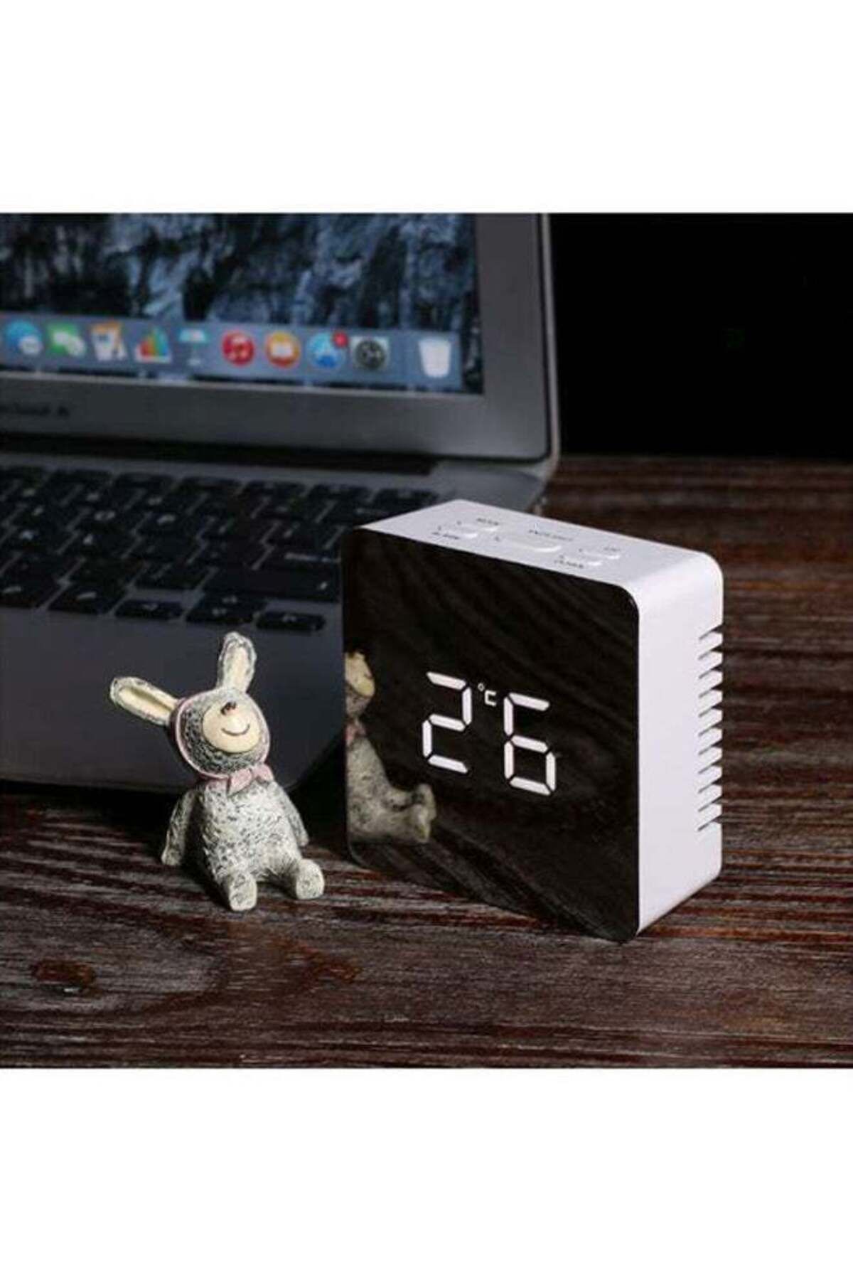 COOYA-LED Square Mirror Desktop Alarm Clock,Five Function Buttons,12H/24H,With Time Temperature,White 6