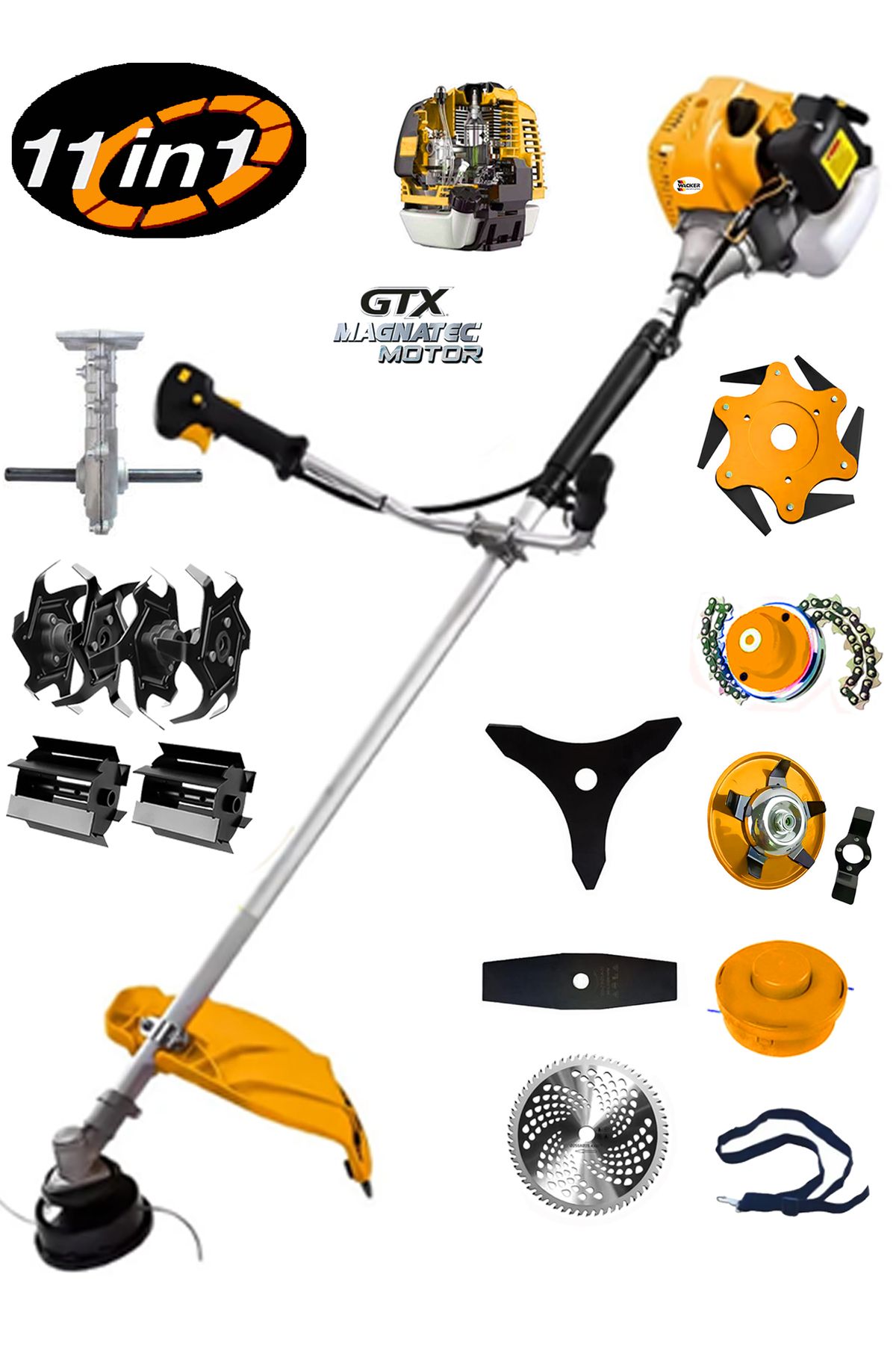 Wacker Pro Alman WX-F80 11 İn 1 FUL Set Yan Tipi Benzinli Tırpan + Toprak Eşeleme + Akrobat Çapa Roket Başlık