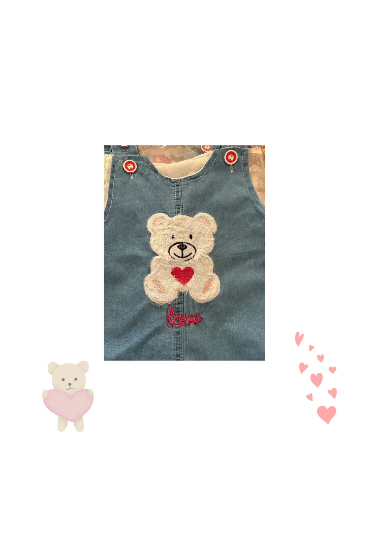 atishpoli Kız Çocuk Düğme Kapamalı Ayıcık İşlemeli Kot Jile Elbise 1-2-3-4 Yaş fotoğrafı 5 (önizleme)