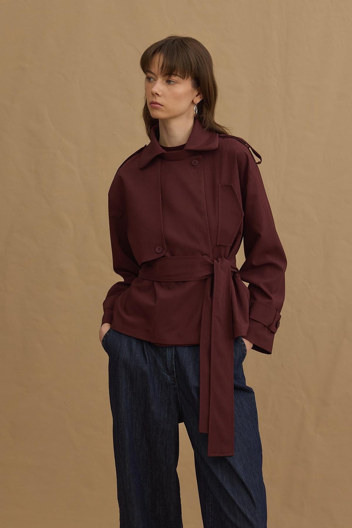 Fahhar-Short Trench Coat - Claret Red 5