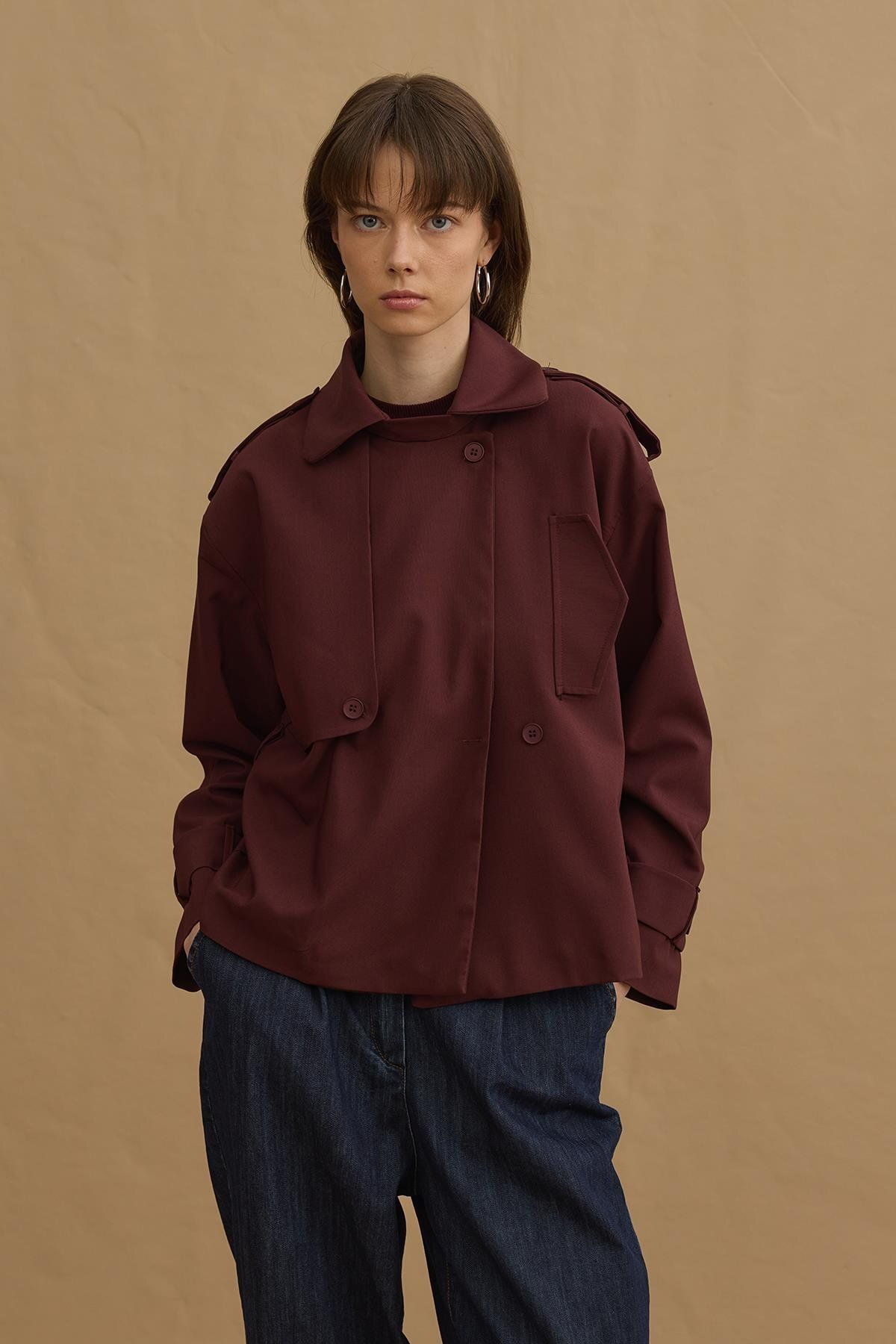Fahhar-Short Trench Coat - Claret Red 7