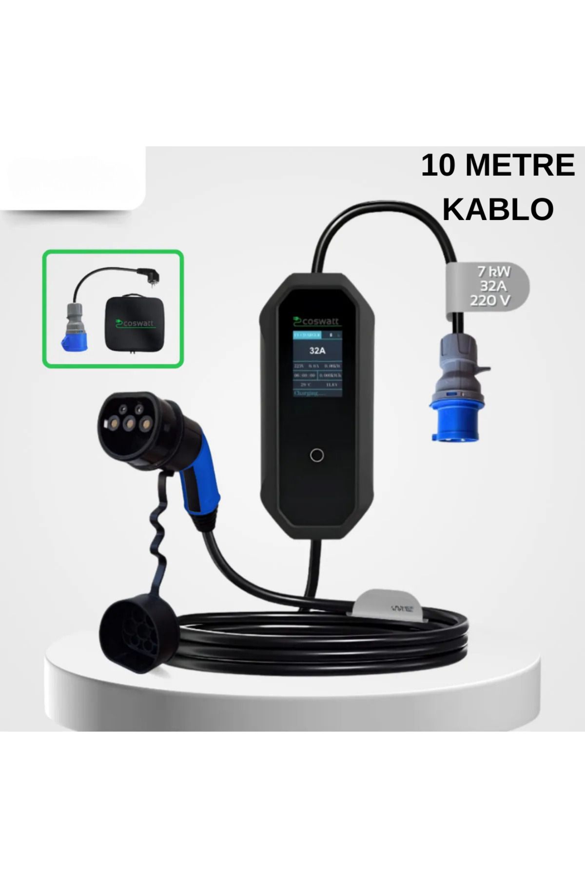 CksEnerji Coswatt Elektrikli Araç Taşınabilir Şarj Istasyonu 7 Kw 32a Tip-2 3x32a Türkçe Menü(10METRE KABLOLU)