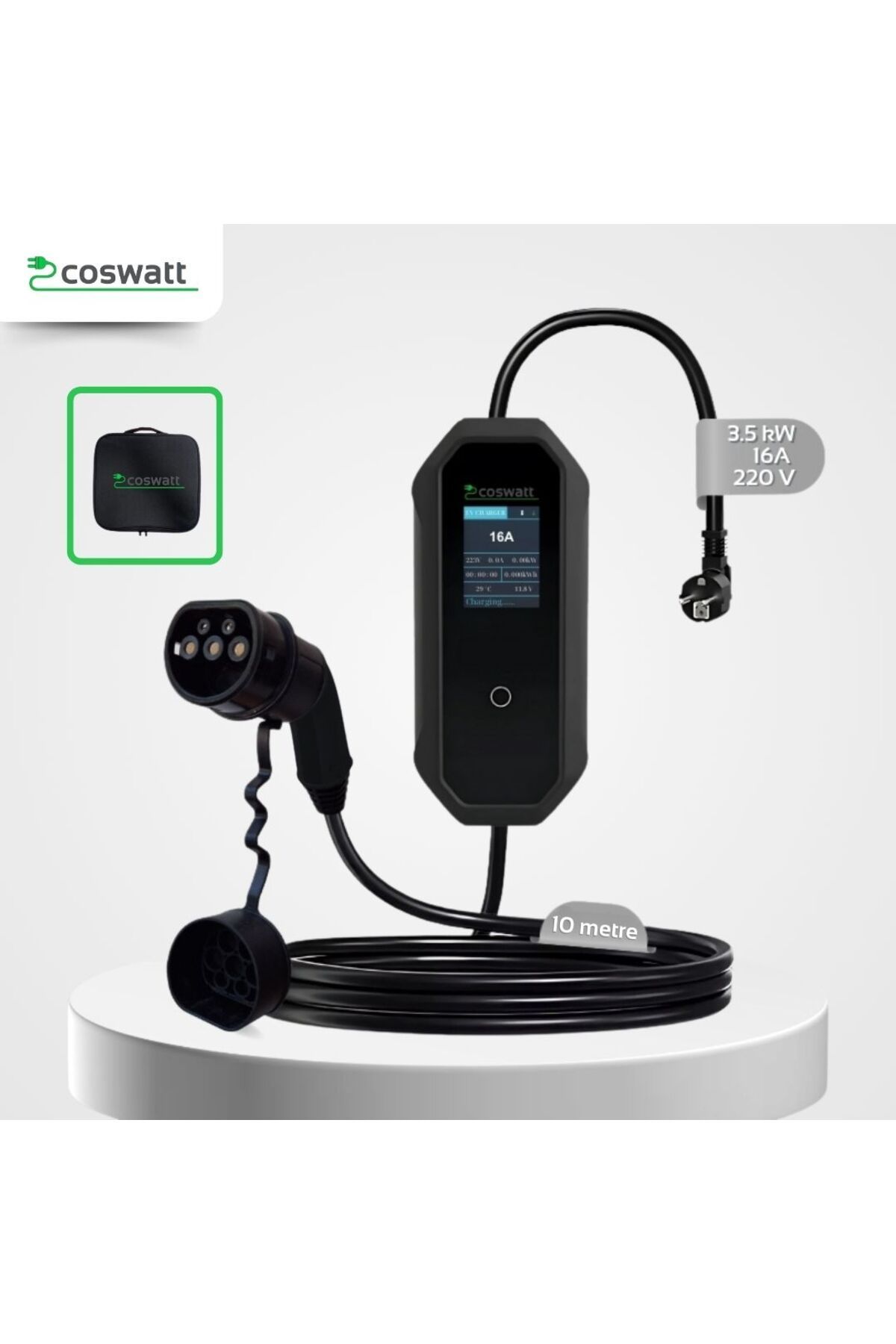 CksEnerji Coswatt Taşınabilir Elektrikli Araç Şarj Cihazı 3,5 kW 16A Monofaze Schuko Fiş 10 METRE(TÜRKÇE MENÜ)