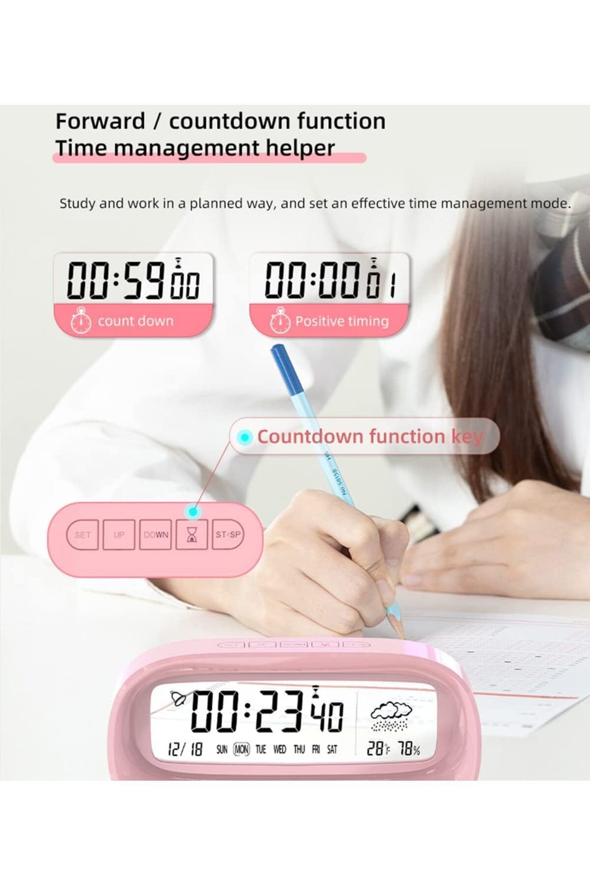 COOYA-Digital Alarm Clock, LED Mirror Desk Clock, Weather Humidity  Digital Calendar Clock (Black) 5