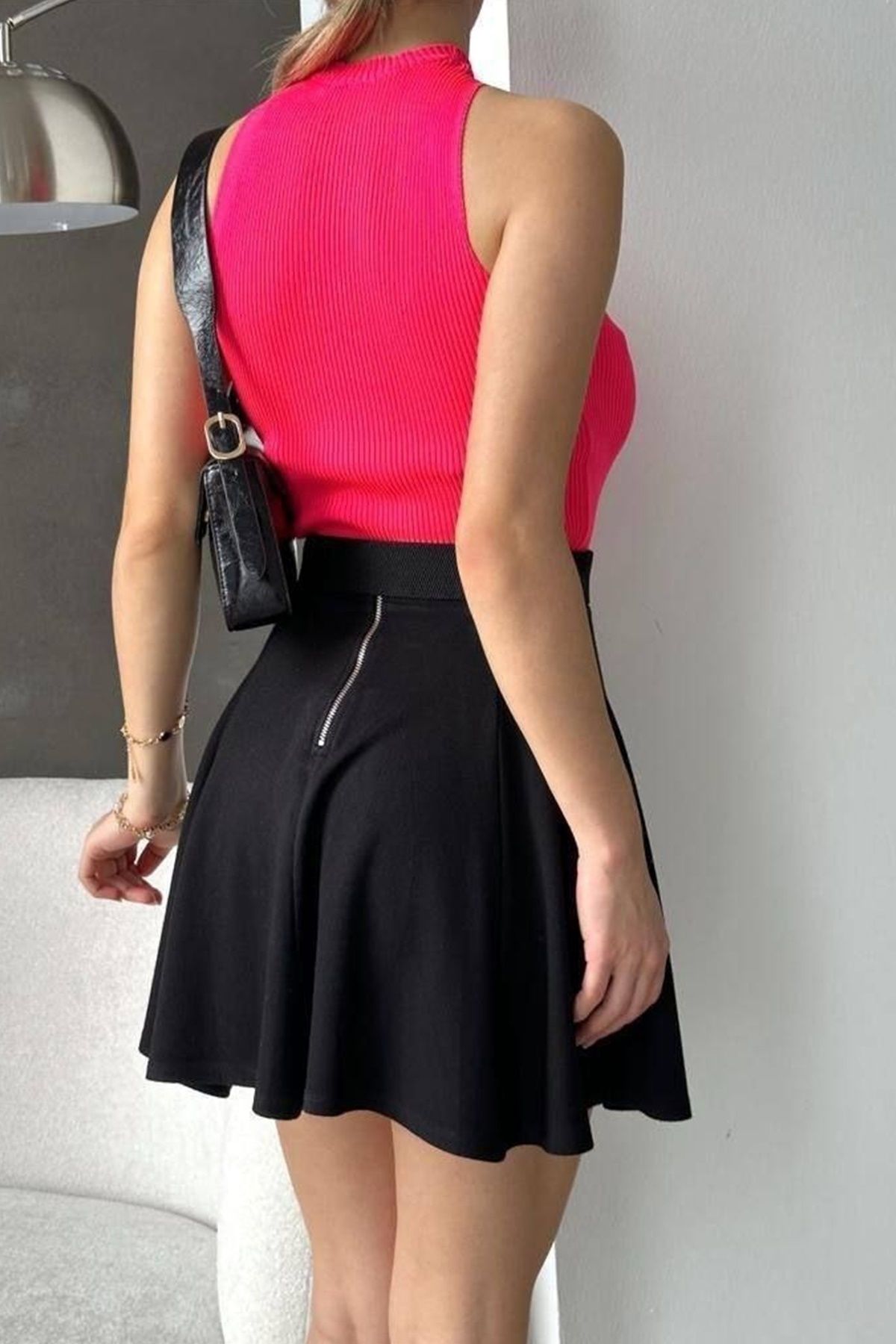 vuvutasarım-Women's Stretchy Knitwear Fabric Stand Collar Drop Low-Cut Design Fuchsia Blouse 0285 2
