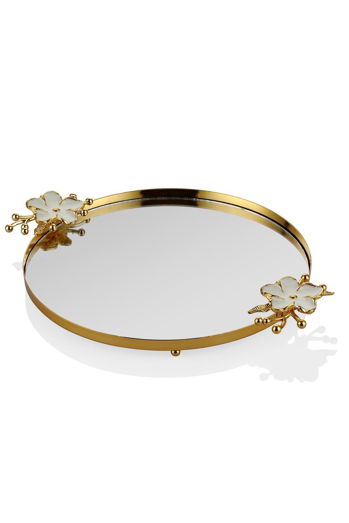 SETABIANCA-Flower Handled Mirrored Round Tray 38*30*4 cm 1