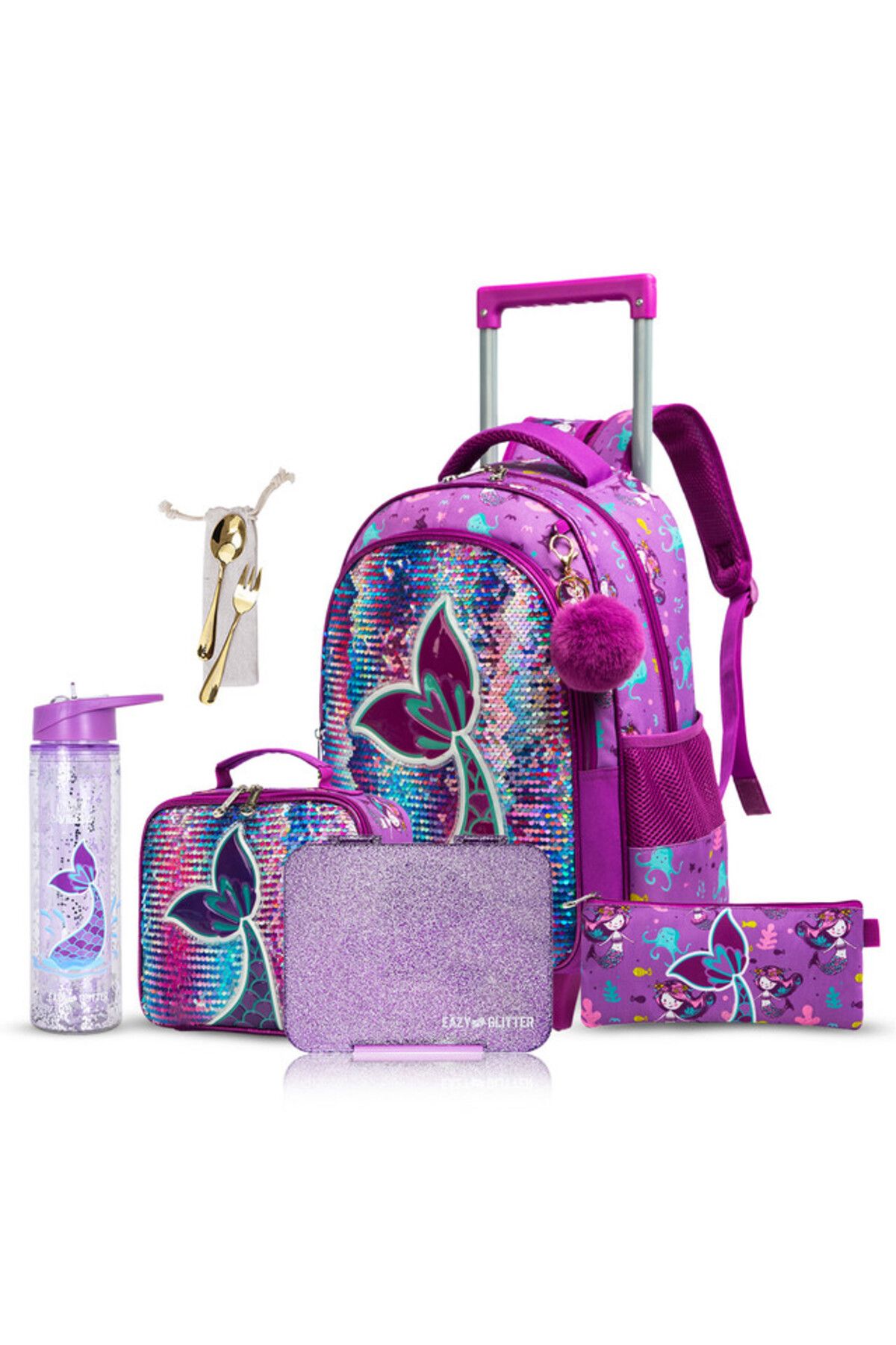 Eazy Kids 18" Set of 5 Trolley School Bag wt Bento Box,Water Bottle, Lunch Bag & Pencil Case - Mermaid Purple