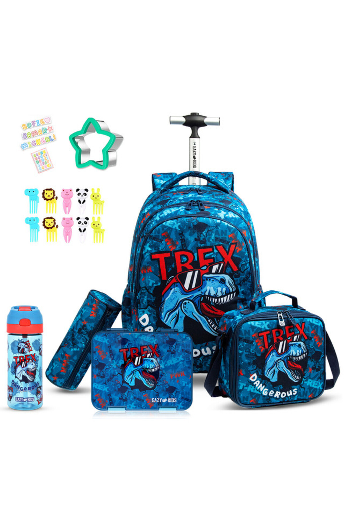 Eazy Kids 18Inch Set of 5 School Bag wt Lunch Box,Water Bottle, Lunch Bag & Pencil Case - TREX Dinosaur - Blue