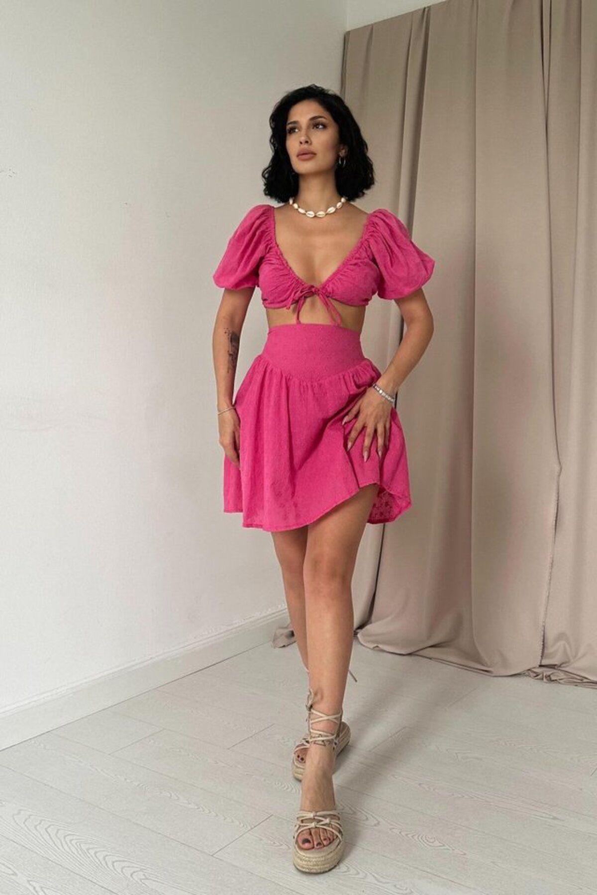 Deridün Yıldız Shoes Fuşya Brode Crop Ve Mini Etek Takım