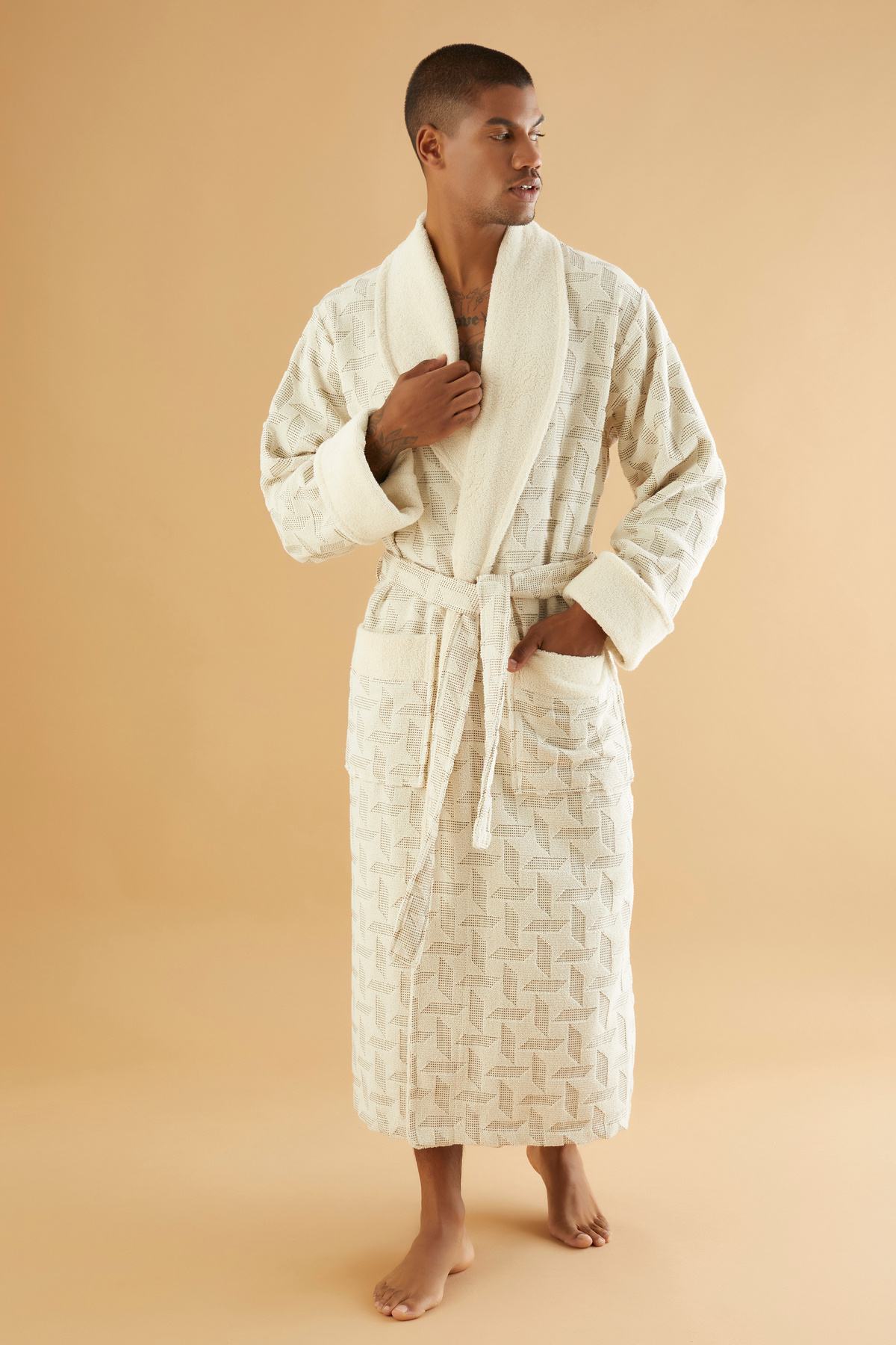 Nuşa-Natural Organic Jacquard 100% Cotton Men's Bathrobe 1