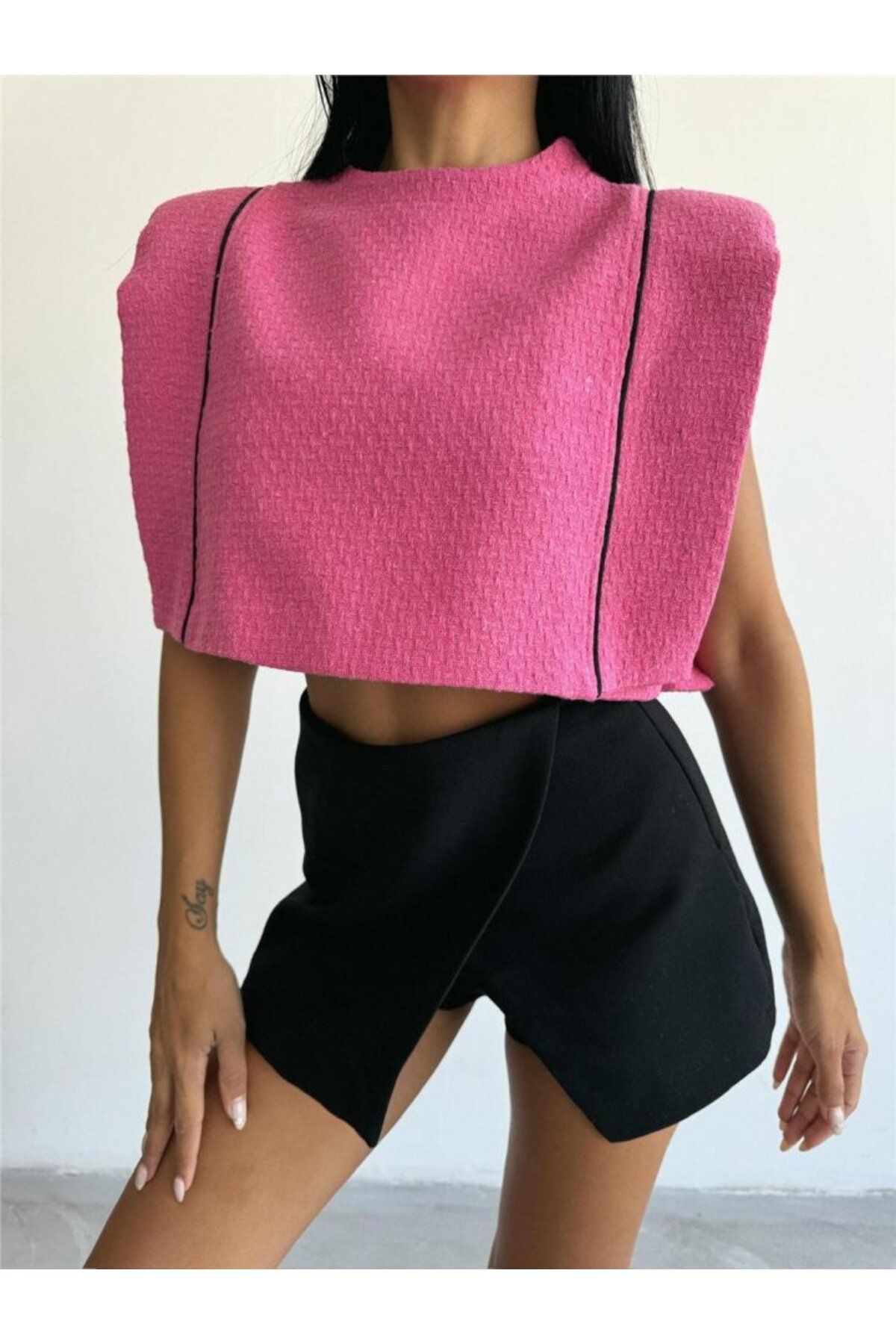 Albayrak CHANEL VATKALI CROP BLUZ - Fuşya