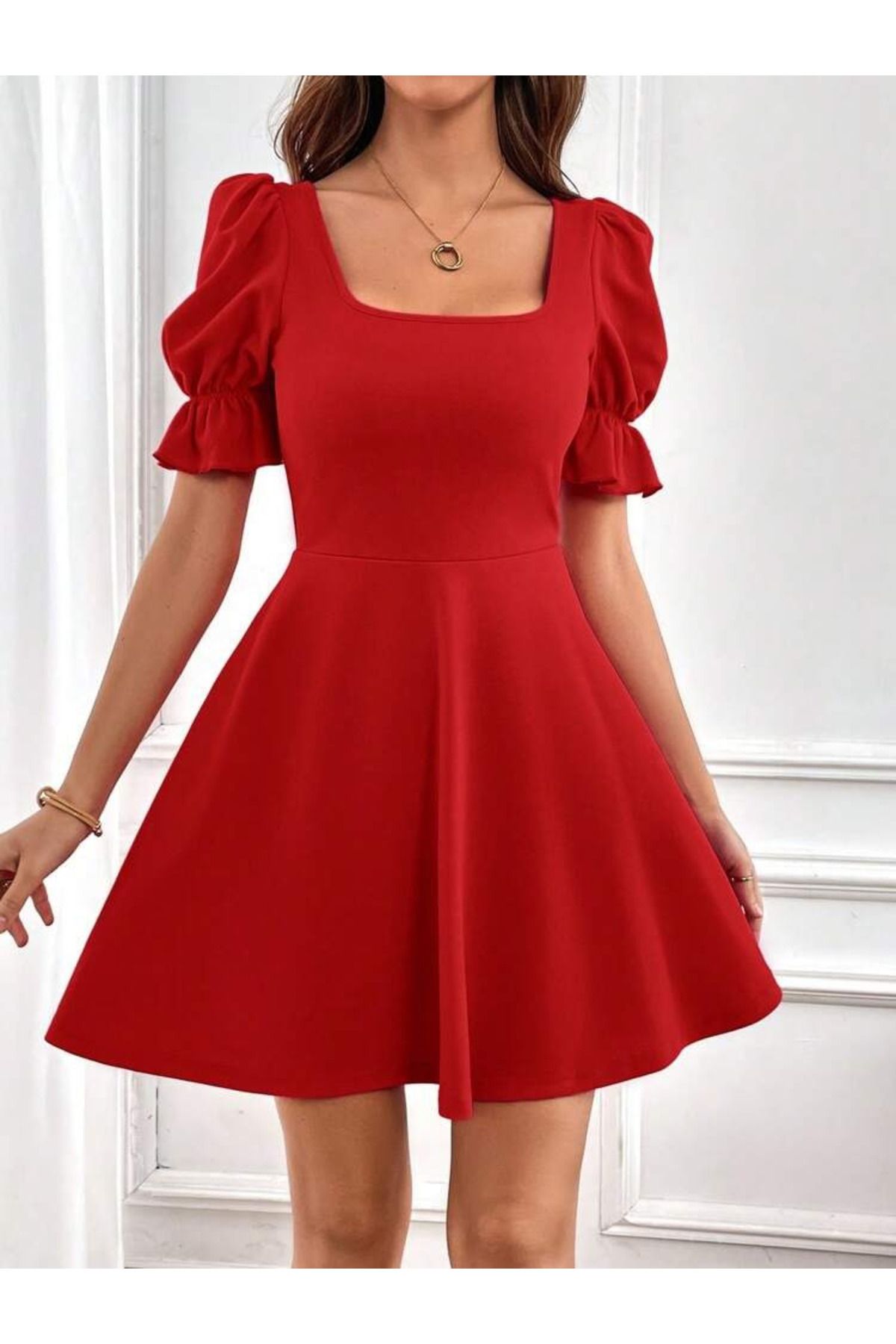 MRA Fashion Kadın Kısa Kollu Kare Yakalı Kiloş Ithal Krep Elbise