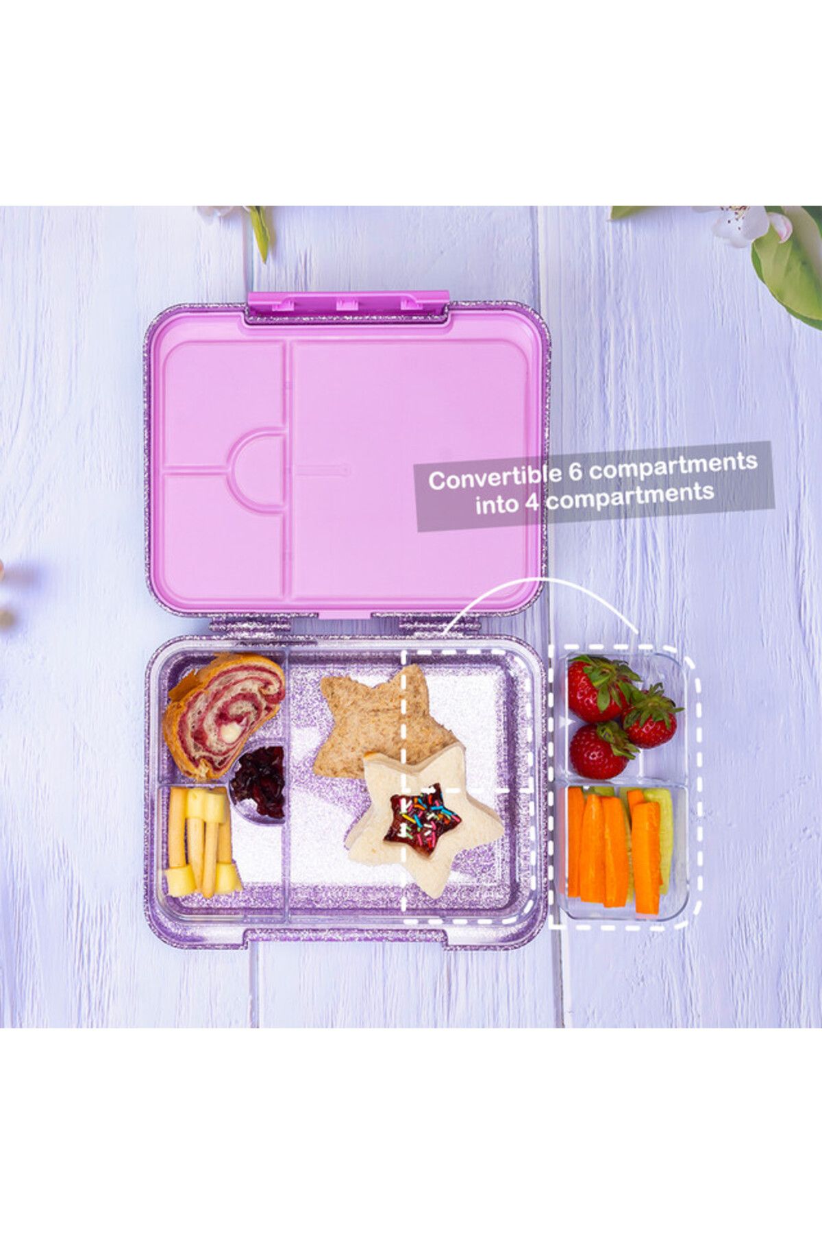 Eazy Kids-6 & 4 Convertible Bento Lunch Box w/ Water Bottle and Spoon Fork Set - Glitter Purple 4