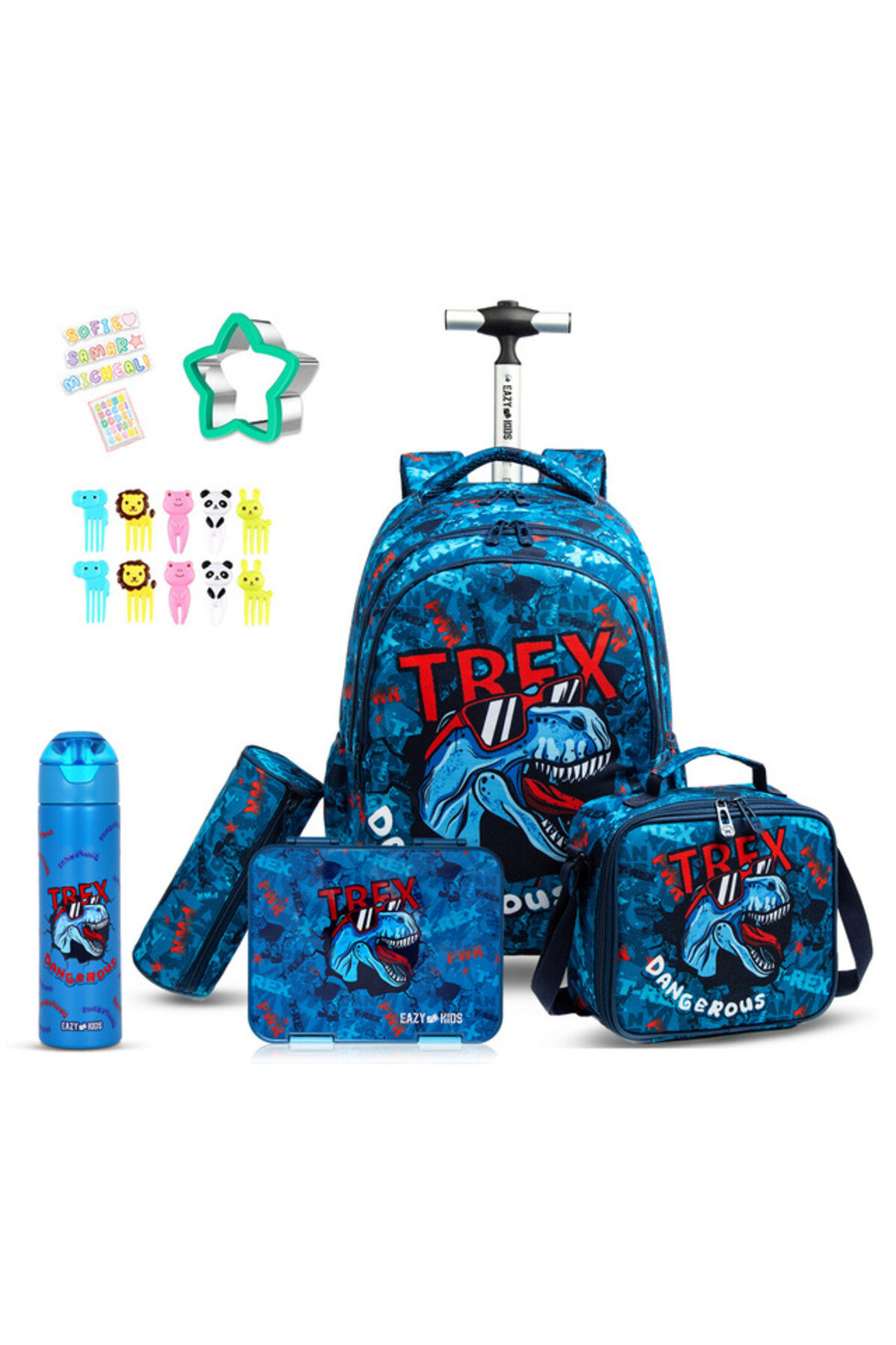 Eazy Kids 18Inch Set of 5 School Bag wt Lunch Box, Water Bottle, Lunch Bag & Pencil Case - TREX Dinosaur Blue