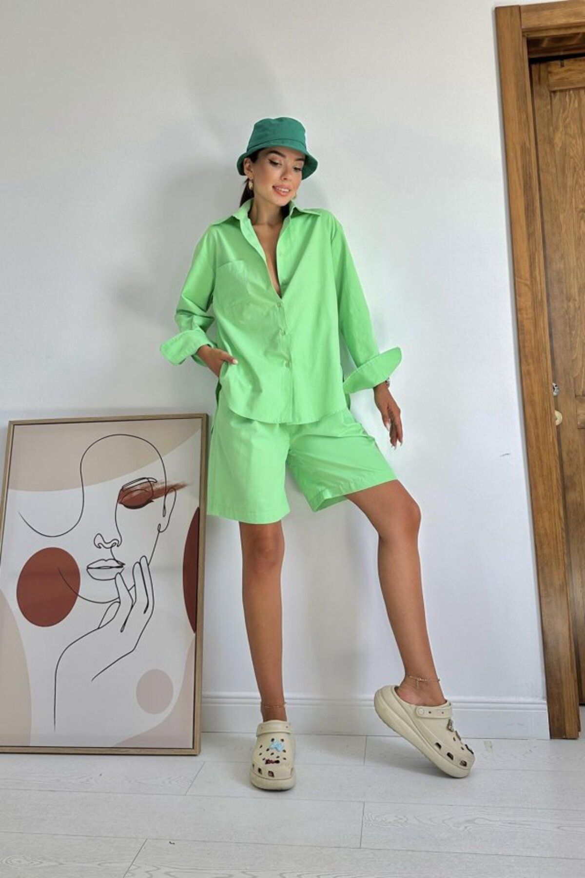 MRA Fashion Fıstık Yeşili Önü Cepli Gömlek Ve Şort Takım