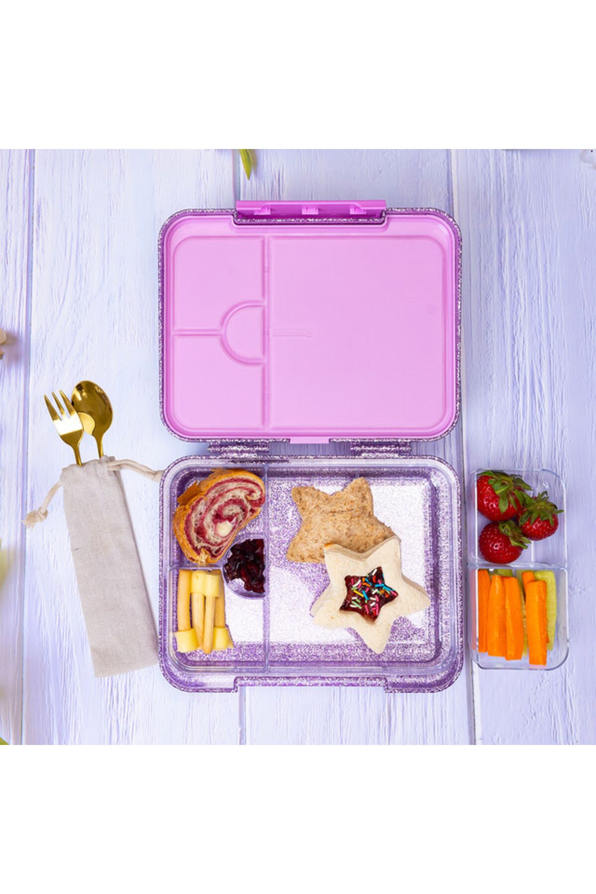 Eazy Kids-6 & 4 Convertible Bento Lunch Box w/ Water Bottle and Spoon Fork Set - Glitter Purple 5
