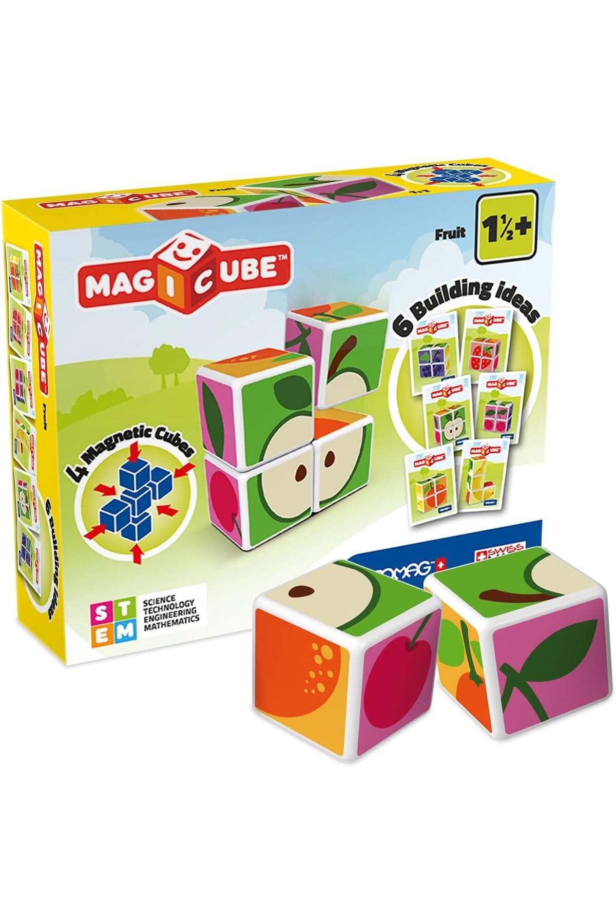 مجموعه ساختنی میوه‌های چاپ‌شده مجیکوب + کارت‌های ایده | اسباب‌بازی‌های آموزشی STEM مغناطیسی، ساخت سوئیس ۱