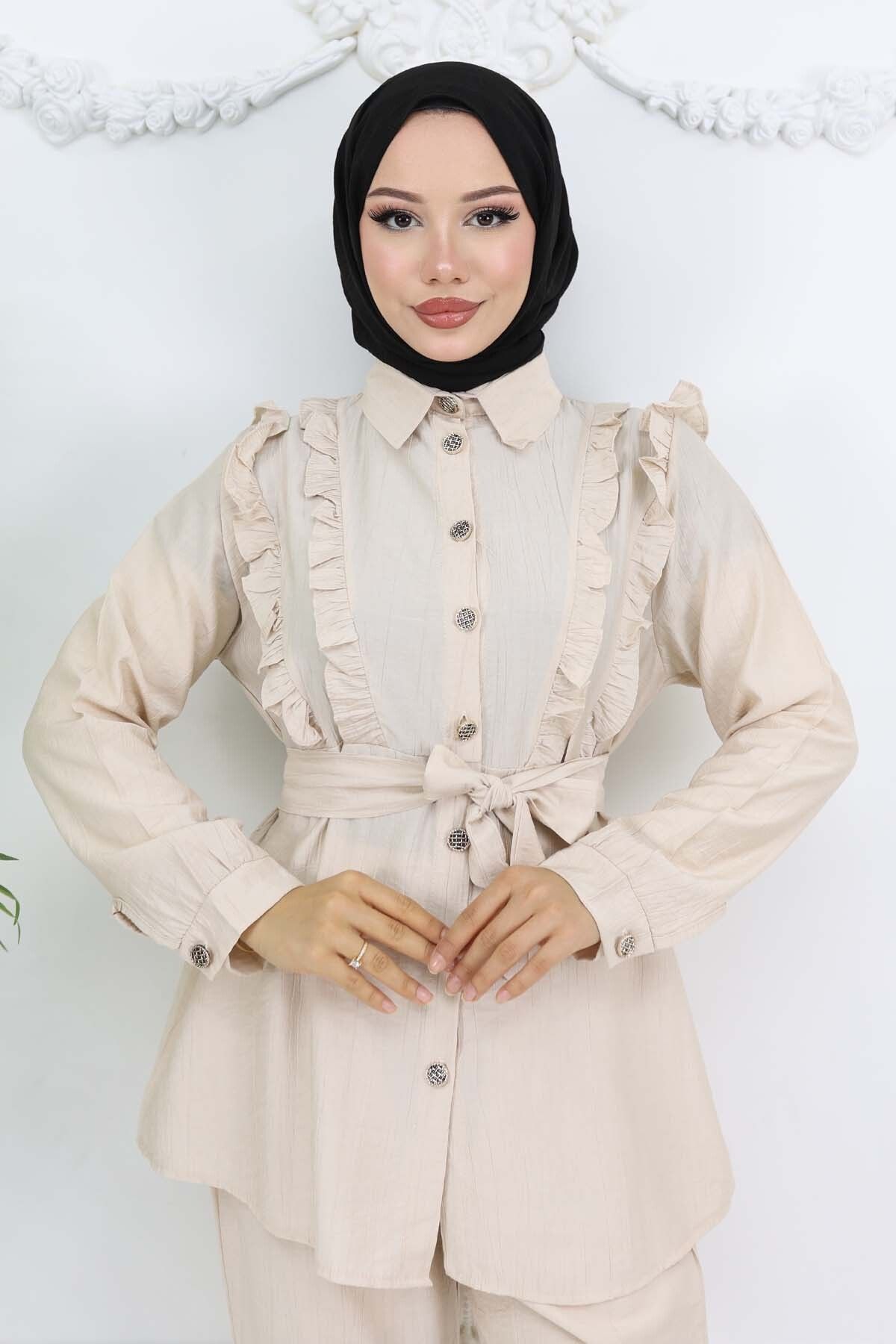 benguen-Ruffle Detailed Belted Double Suit Stone Color 4781 2