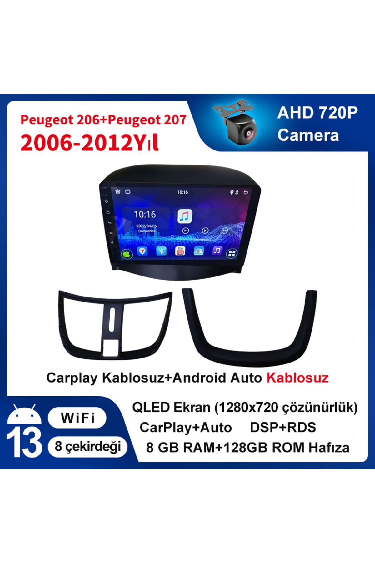 Conico Peugeot 206+ Peugeot 207 2006-2012 Uyumlu  8GB Ram 128GB Rom Hafıza Multimedya Kablosuz  Navigasyo