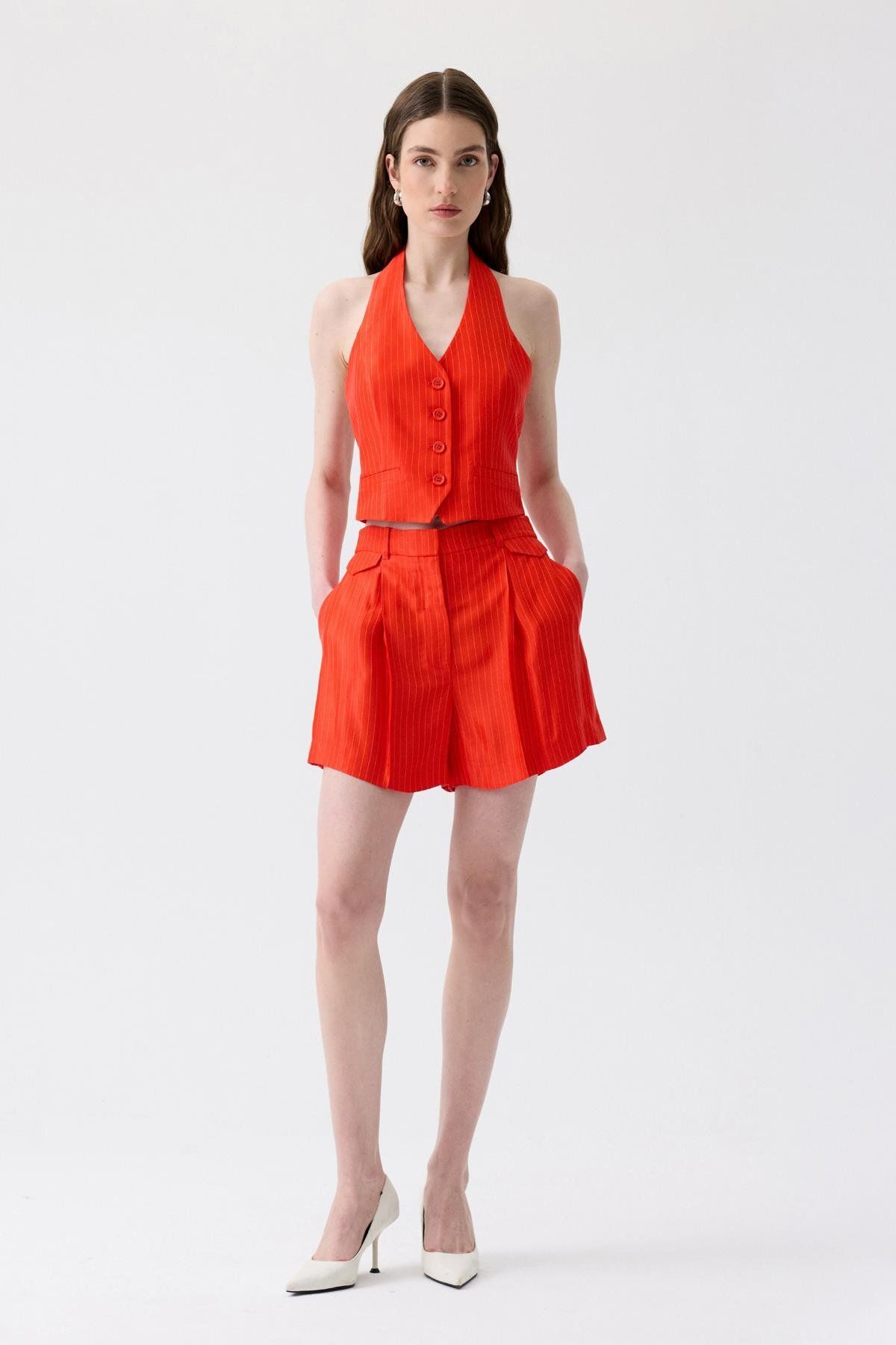 rue.-Striped Mini Red Shorts with Pile Detail 1