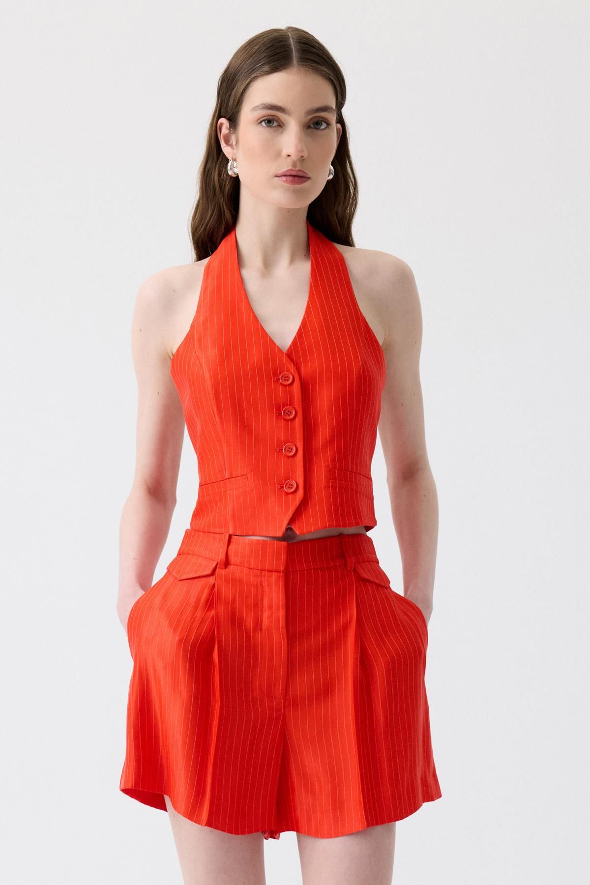 rue.-Striped Mini Red Shorts with Pile Detail 4