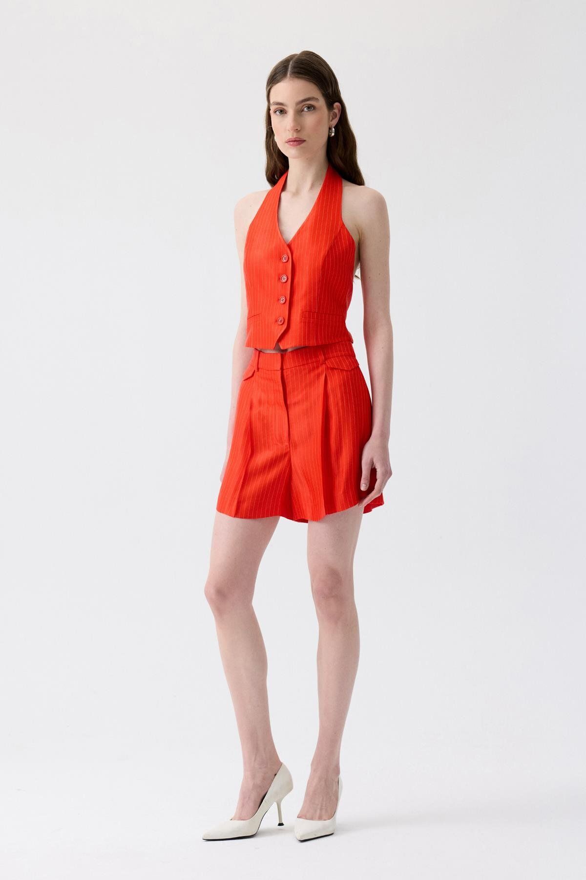 rue.-Striped Mini Red Shorts with Pile Detail 5