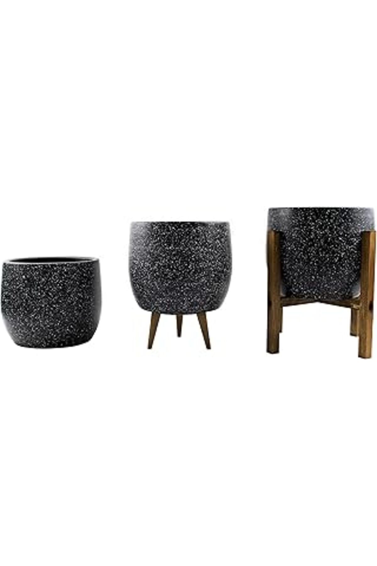 Hepta Collection Bitki Tasarımı Ev Dekorasyon Aksesuar Siyah Granit Toprak Saksı Saksılık Salon Çiçeklik Üçlü Set- 1
