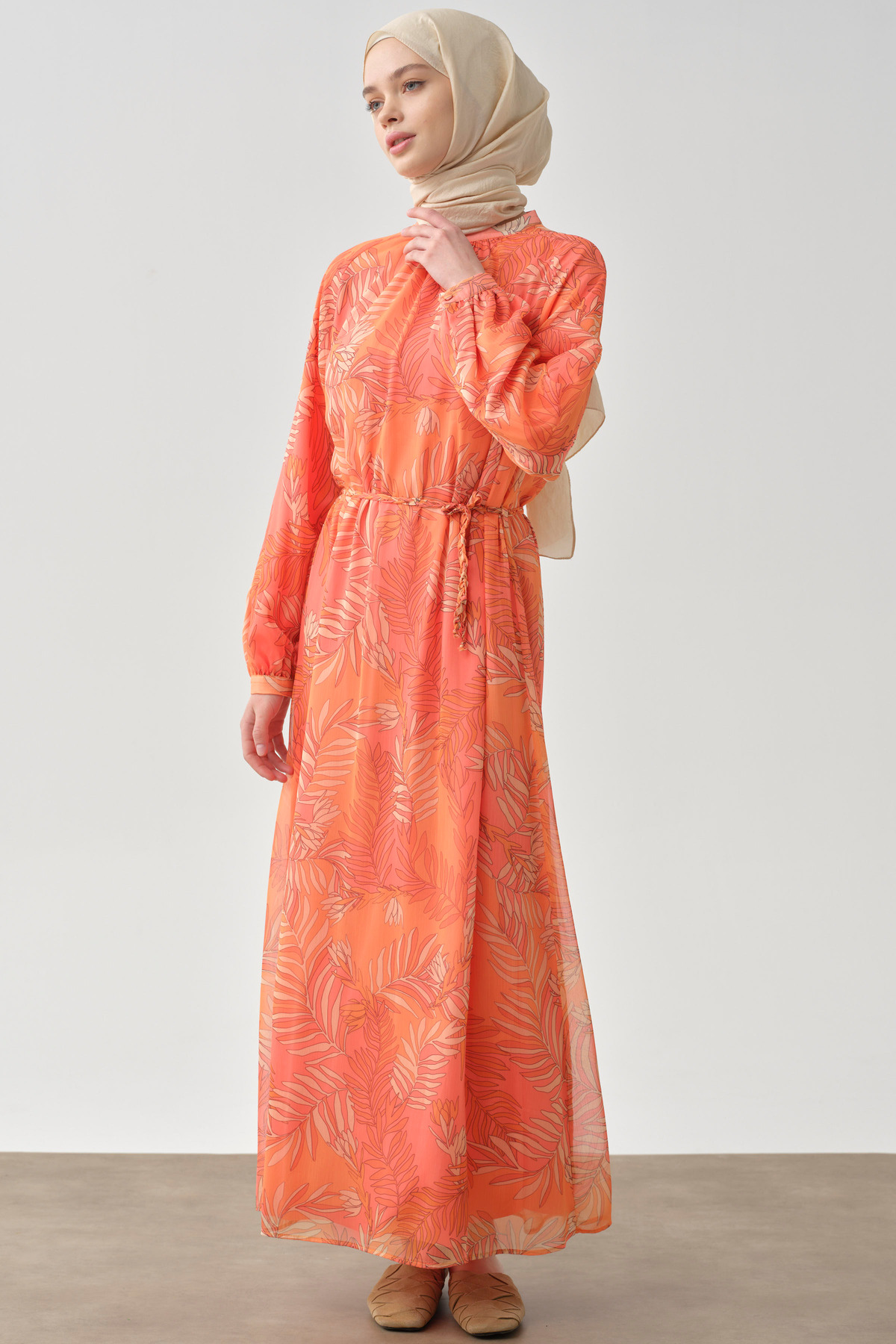 لباس مجلسی طرح‌دار بافتنی کمربنددار - نارنجی Tuğba