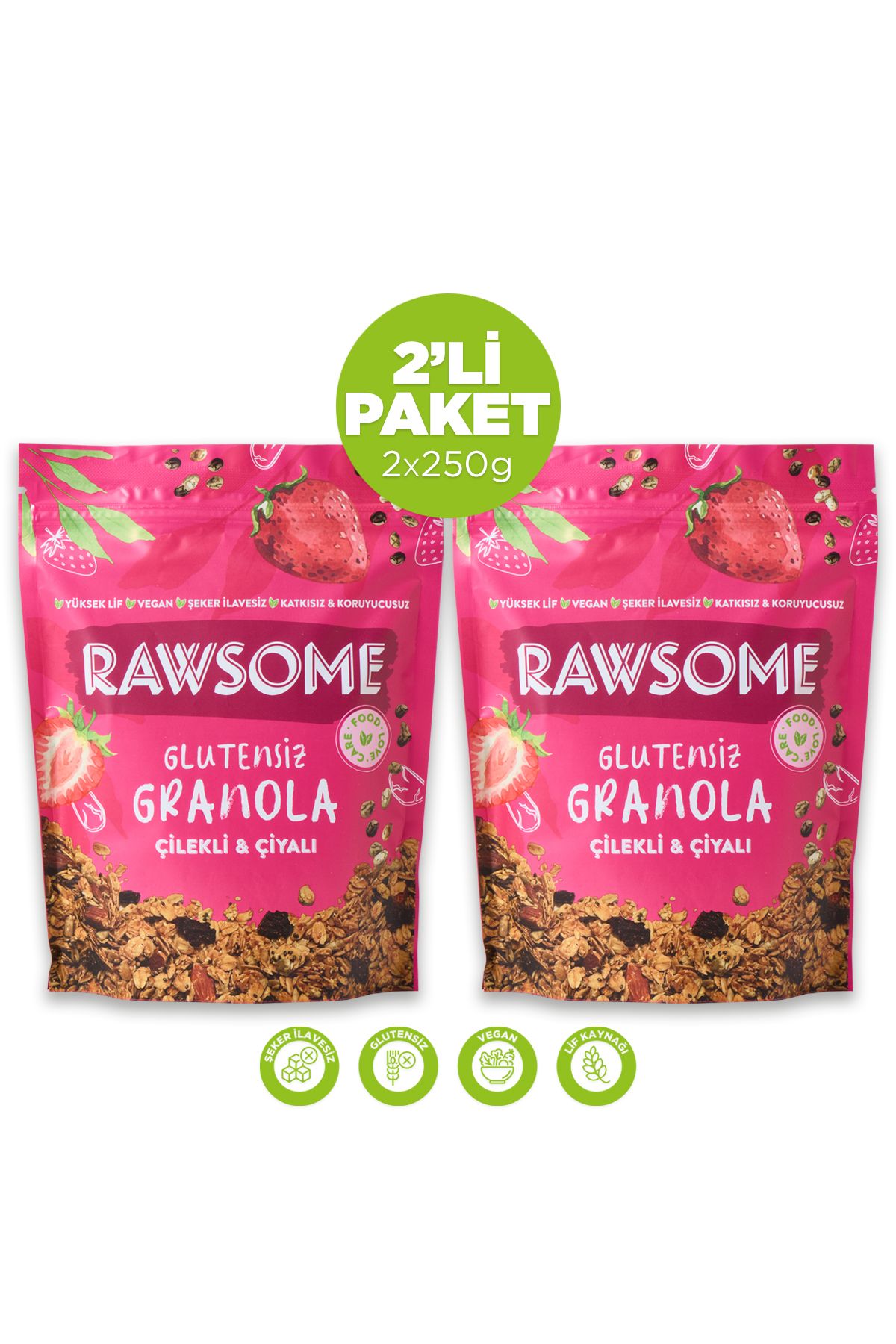 Rawsome 2'li Glutensiz Çilekli & Çiyalı Granola 2x250g
