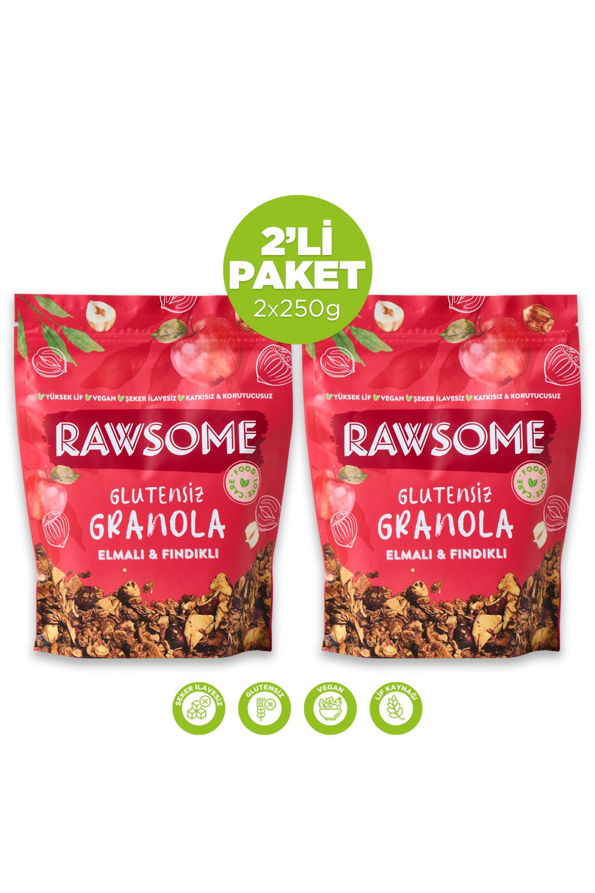 Rawsome 2'li Glutensiz Elmalı & Fındıklı Granola 2x250g