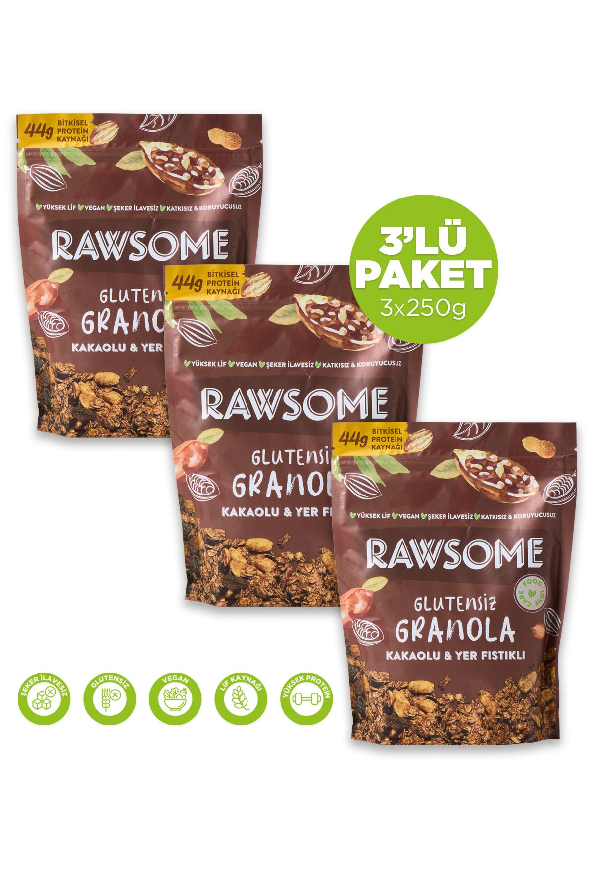 Rawsome 3'lü Glutensiz Yerfıstıklı Kakaolu Granola 3x250g